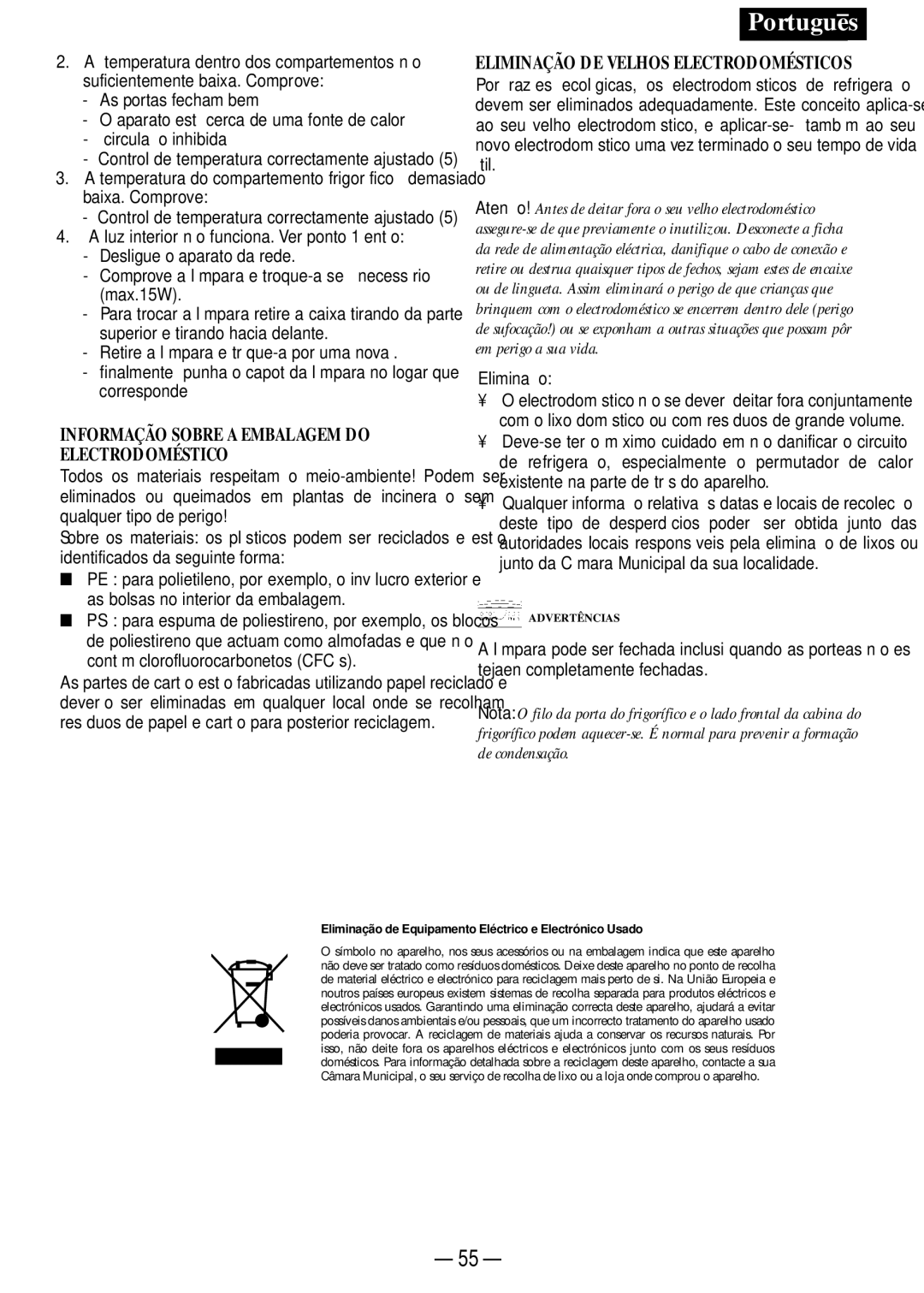 Opteka NF-347, NF1-370, NF1-350, NF-340 manual Eliminação, Control de temperatura correctamente ajustado 