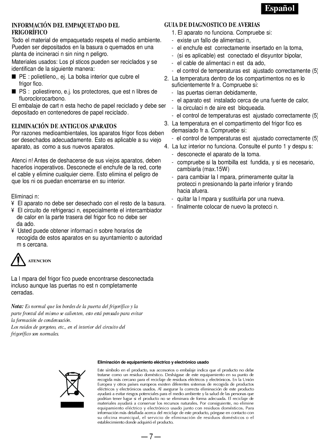 Opteka NF-347, NF1-370, NF1-350, NF-340 manual Eliminación DE Antiguos Aparatos, Guia DE Diagnostico DE Averias 