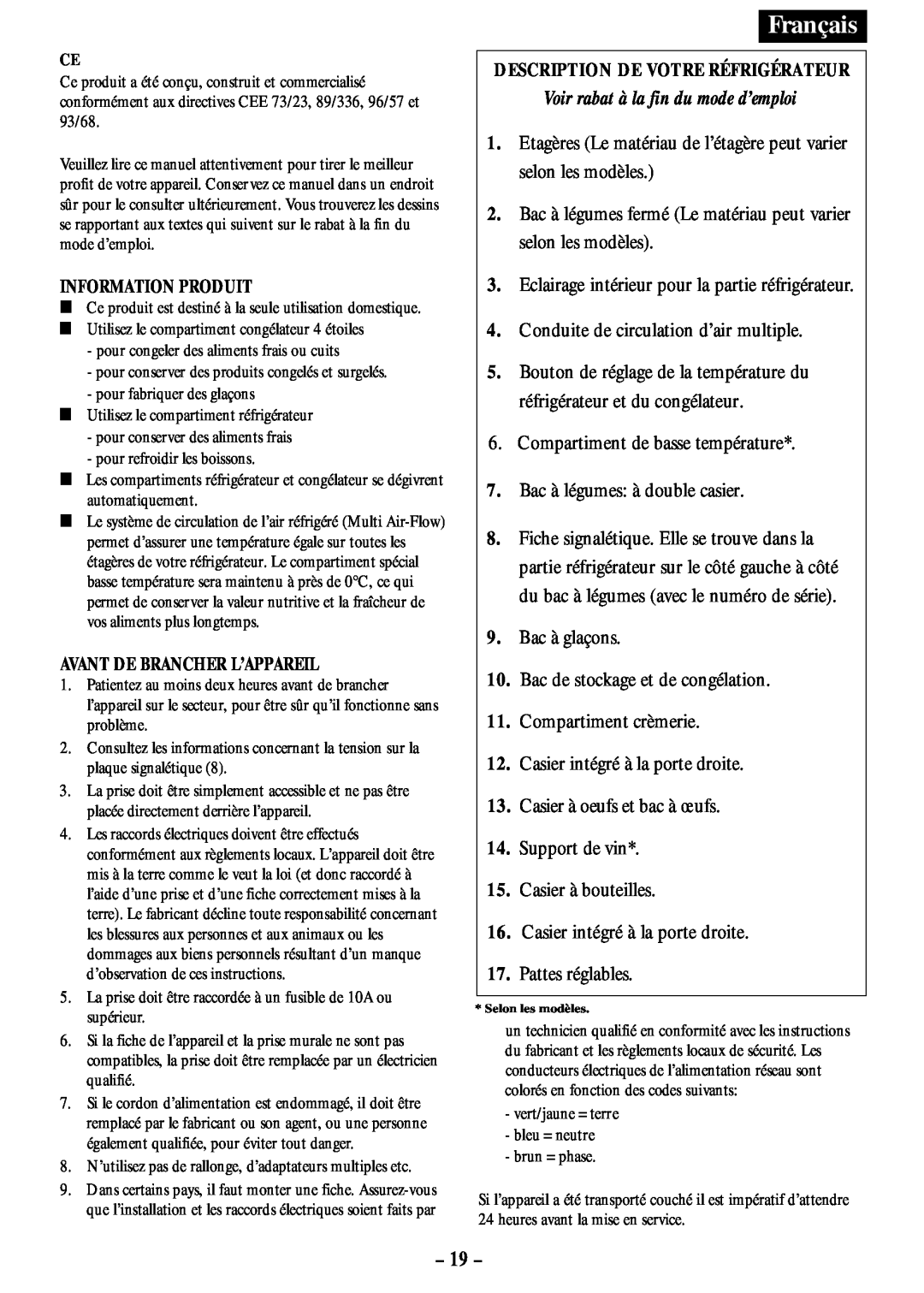 Opteka NF-347, NF1-370, NF1-350 manual 19, Description De Votre Réfrigérateur, Voir rabat à la fin du mode d’emploi, Français 