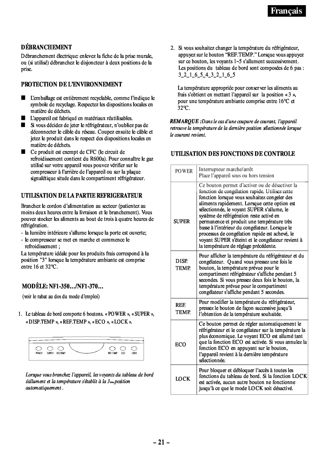Opteka NF-340, NF-347 manual 21, Français, Débranchement, Protection De L’Environnement, MODÈLE: NF1-350…/NF1-370… 