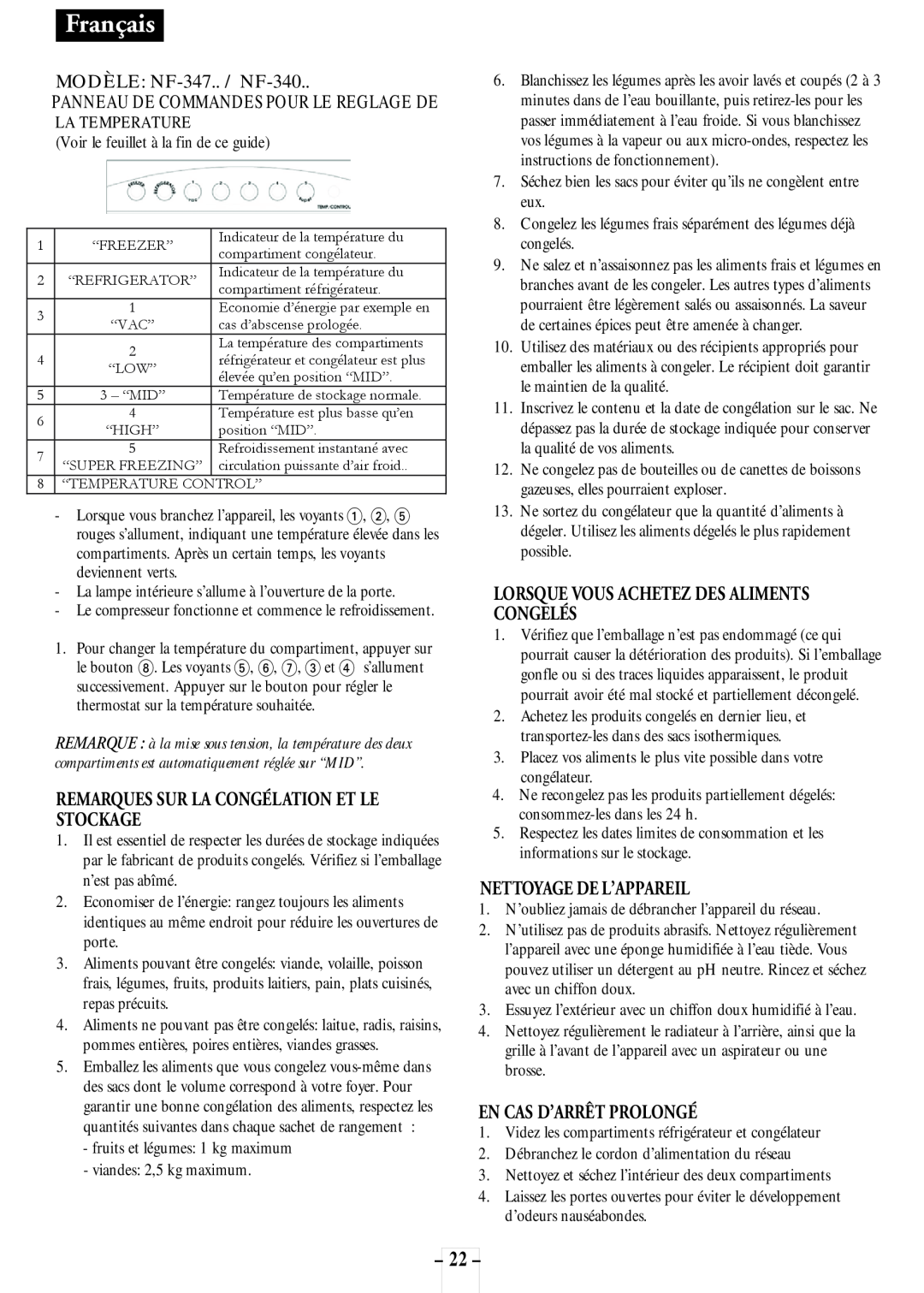 Opteka NF1-370, NF1-350 manual 22, Français, MODÈLE: NF-347.. / NF-340, Remarques Sur La Congélation Et Le Stockage 
