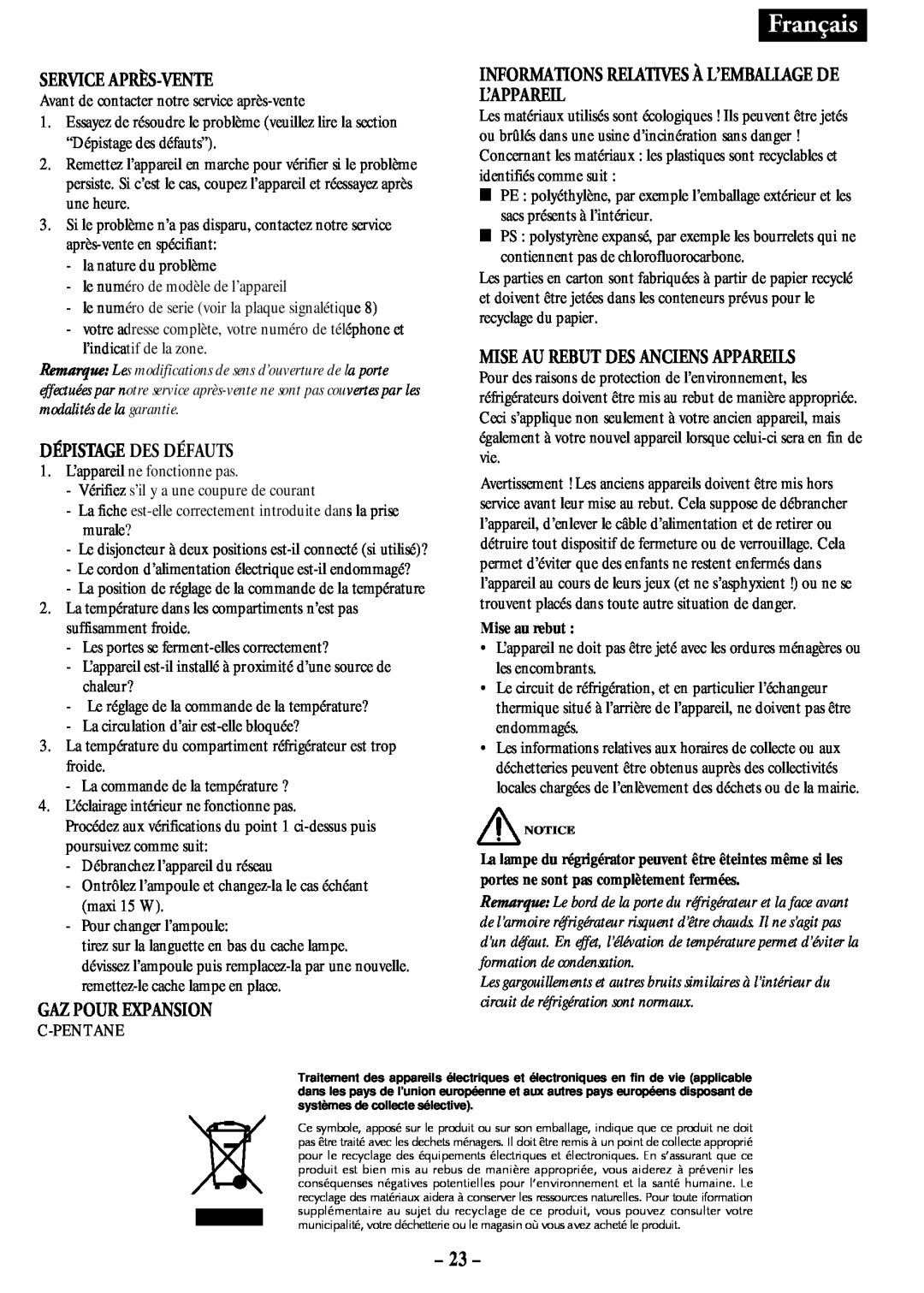 Opteka NF-347, NF1-370, NF1-350, NF-340 manual 23, Français, Service Après-Vente, Dépistage Des Défauts, Gaz Pour Expansion 