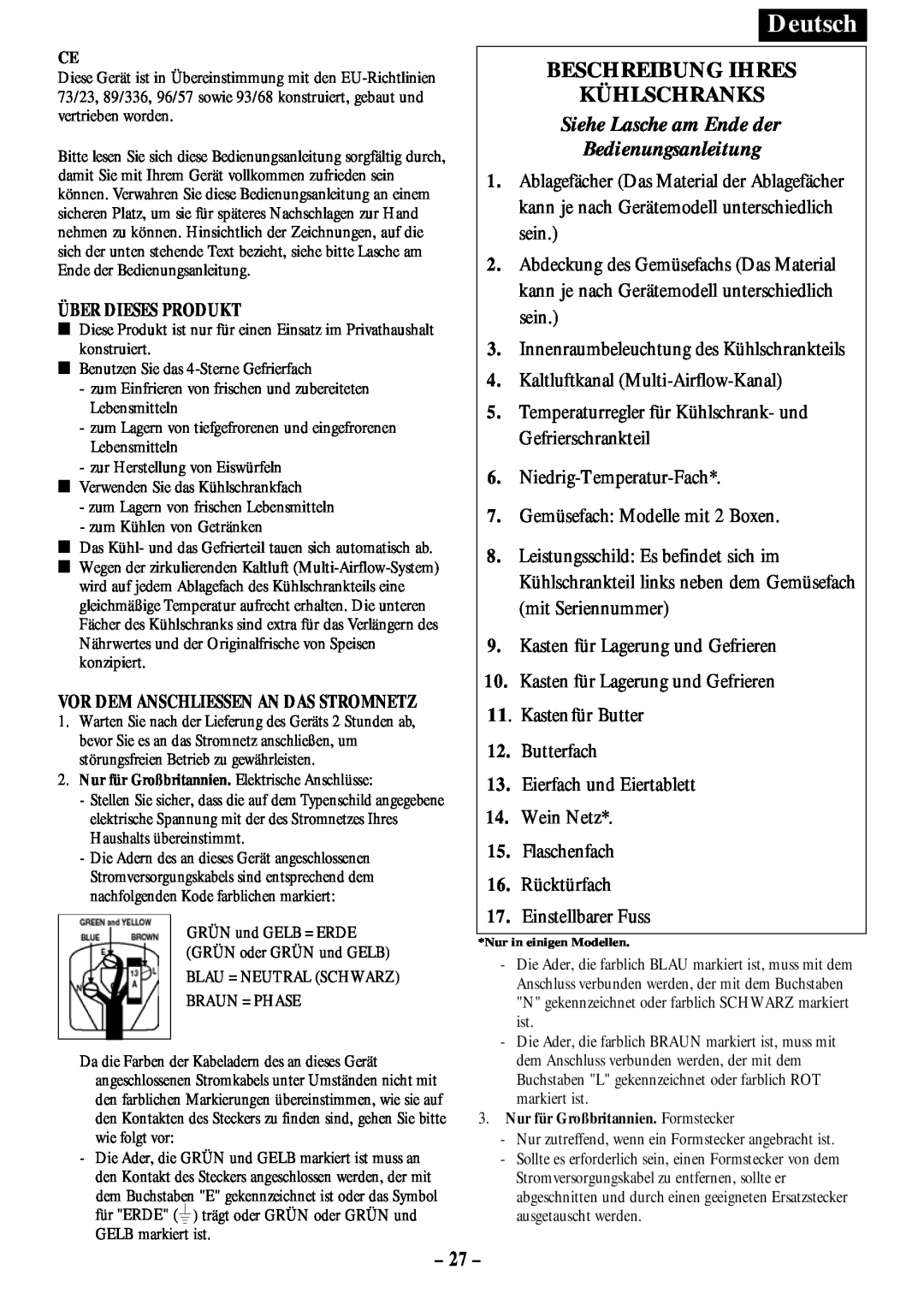Opteka NF-347, NF1-370, NF1-350 Beschreibung Ihres Kühlschranks, 27, Siehe Lasche am Ende der Bedienungsanleitung, Deutsch 