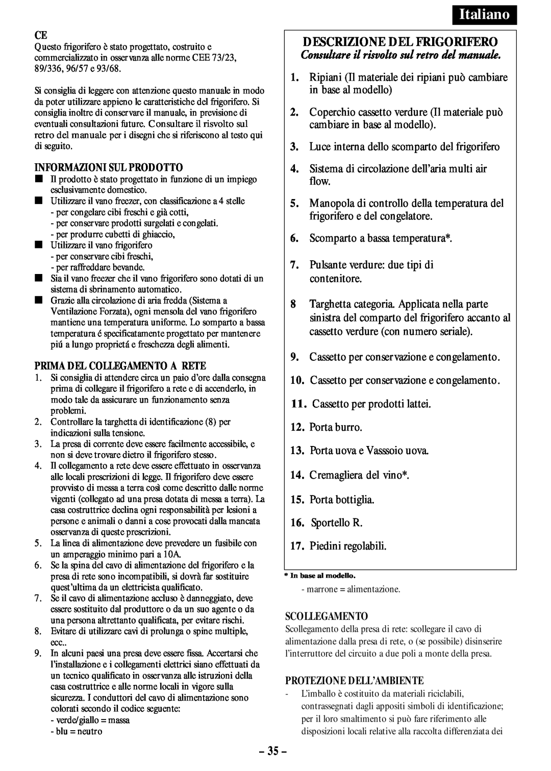 Opteka NF-347, NF1-370, NF1-350 Descrizione Del Frigorifero, Consultare il risvolto sul retro del manuale, Italiano 