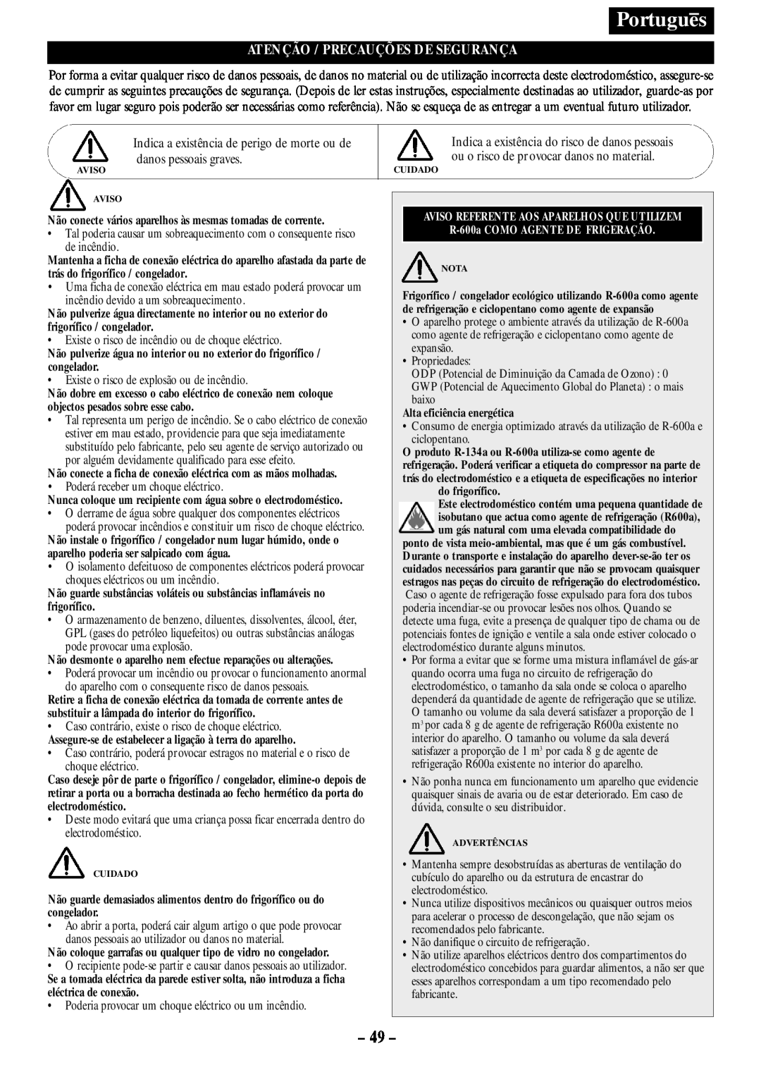 Opteka NF-340, NF1-370, NF-347, NF1-350 manual Portugues, 49, Atenção / Precauções De Segurança 