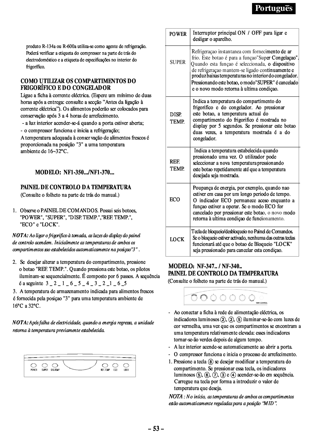 Opteka manual 53, Portugues, MODELO: NF1-350.../NF1-370, Painel De Controlo Da Temperatura, MODELO: NF-347.. / NF-340 