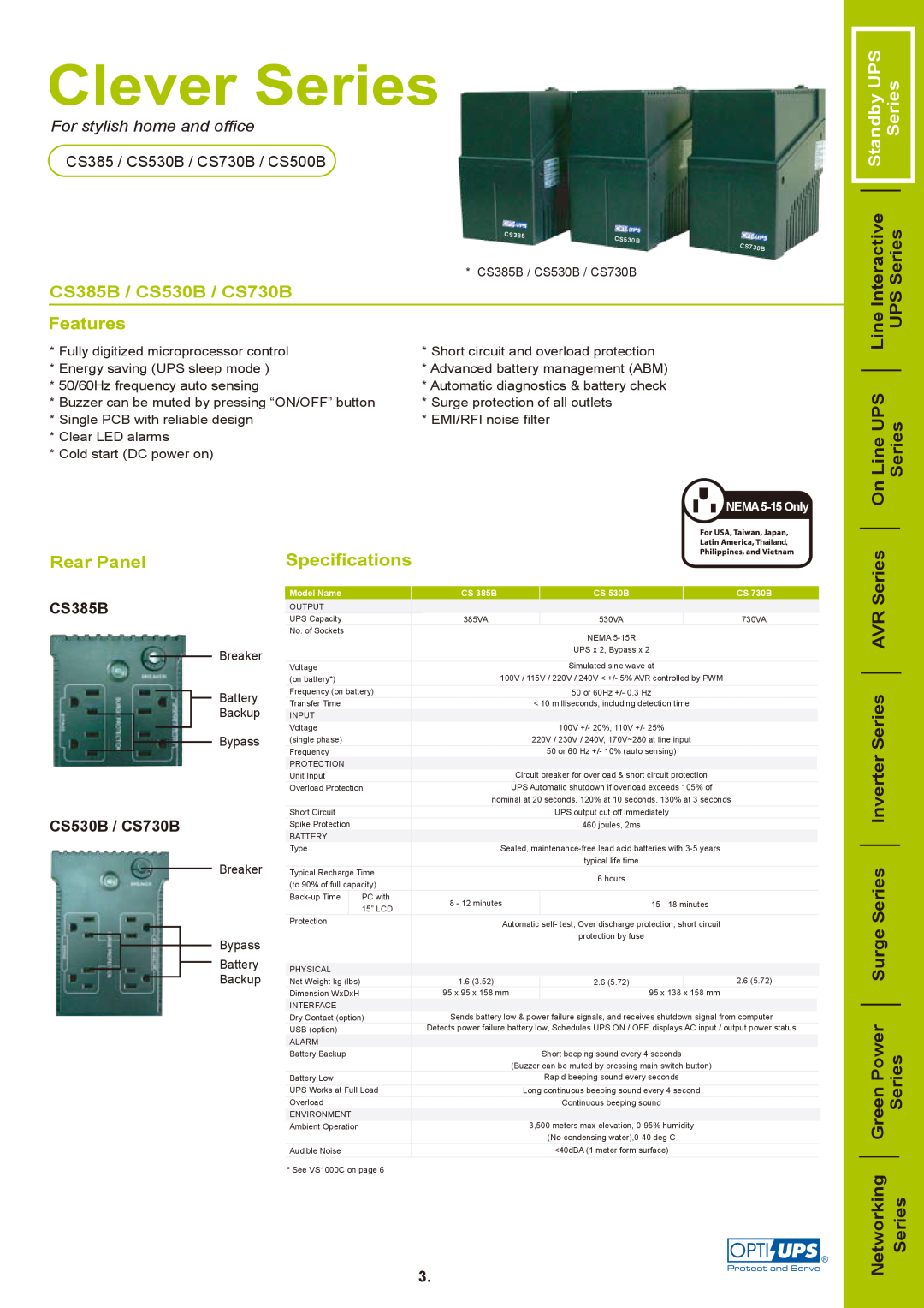 OPTI-UPS manual Standby UPS Series, Series UPS Series, CS385B / CS530B / CS730B, Rear Panel 