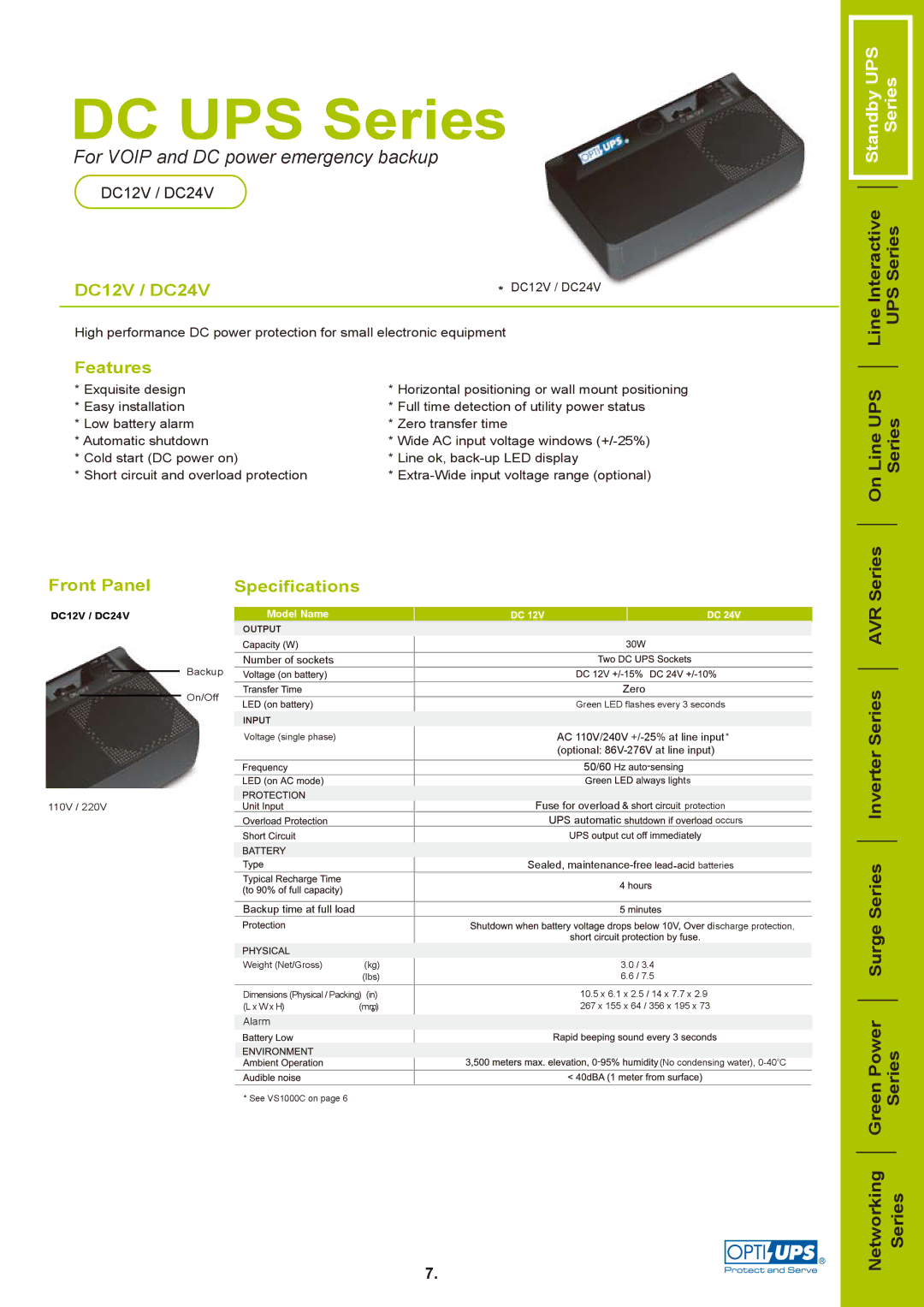 OPTI-UPS DC24V, DC12V specifications DC UPS Series, Standby UPS Series, Series UPS Series, Inverter Series 