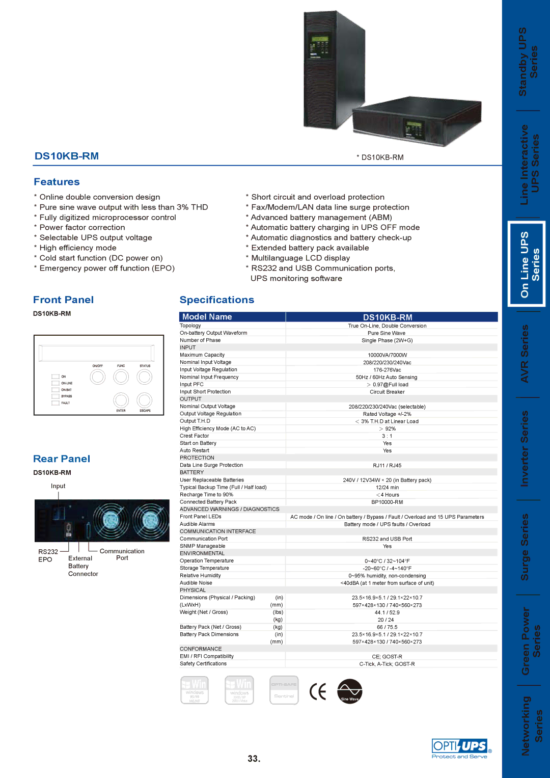 OPTI-UPS DS10KB-RM specifications Input, Output, Protection, Battery, Advanced Warnings / Diagnostics, Environmental 