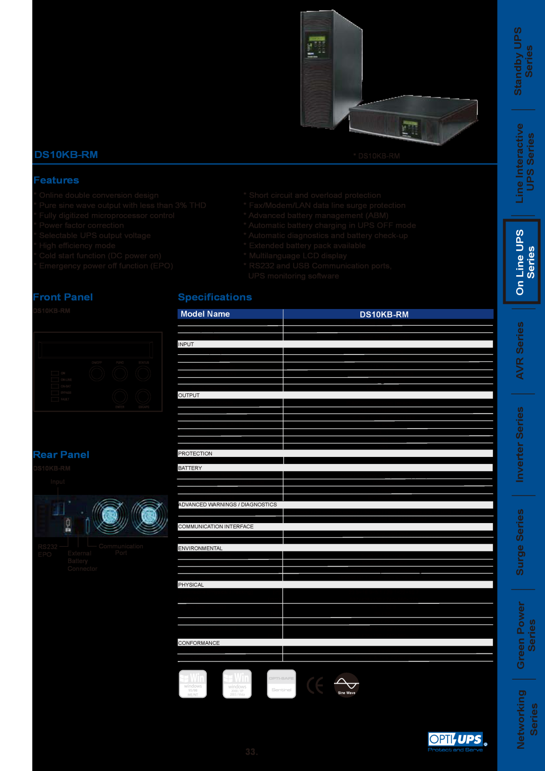OPTI-UPS DS10KB-RM specifications Interactive Standby UPS UPS Series Series, Line UPS Series, Features, Front Panel 