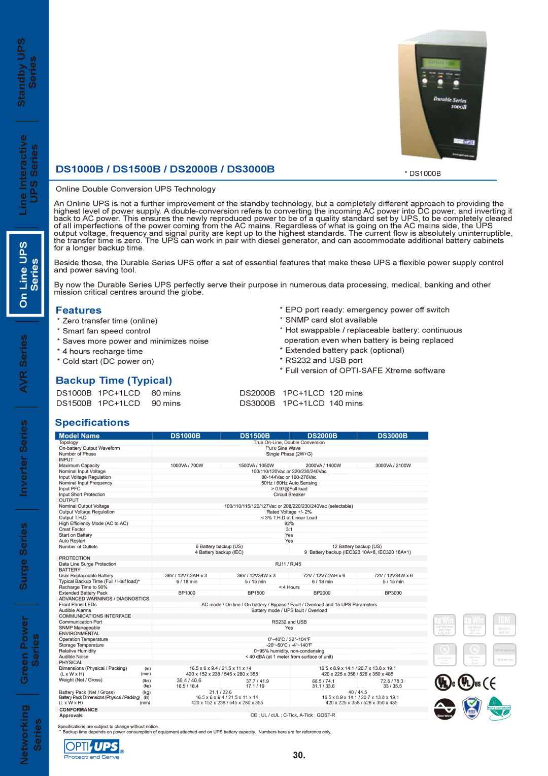 OPTI-UPS DS1000B, DS3000B specifications Line Interactive Standby UPS UPS Series Series, Line UPS Series, AVR Series 