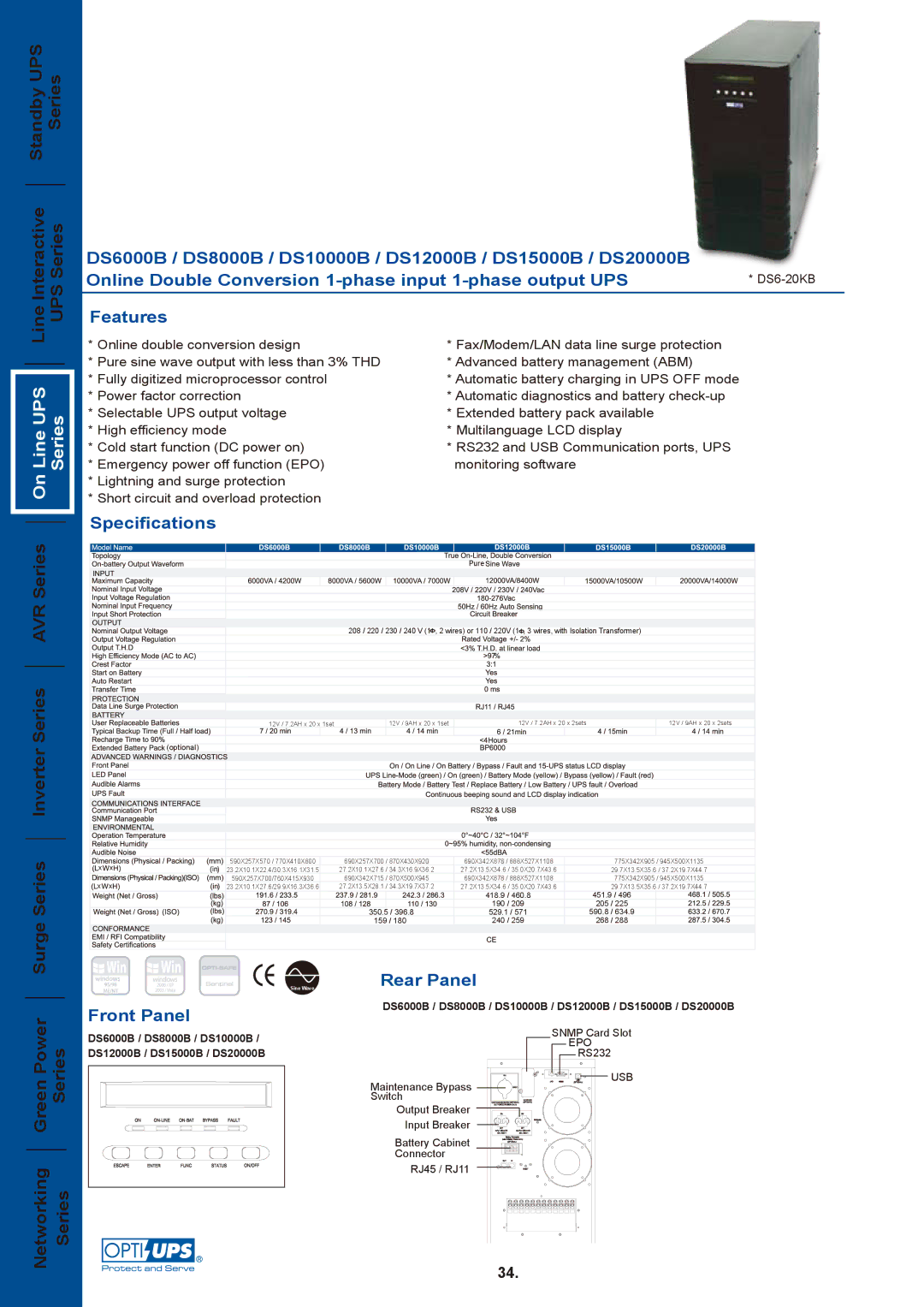 OPTI-UPS DS8000B, DS6000B, DS20000B, DS15000B specifications Interactive Standby UPS UPS Series Series, Line UPS Series 