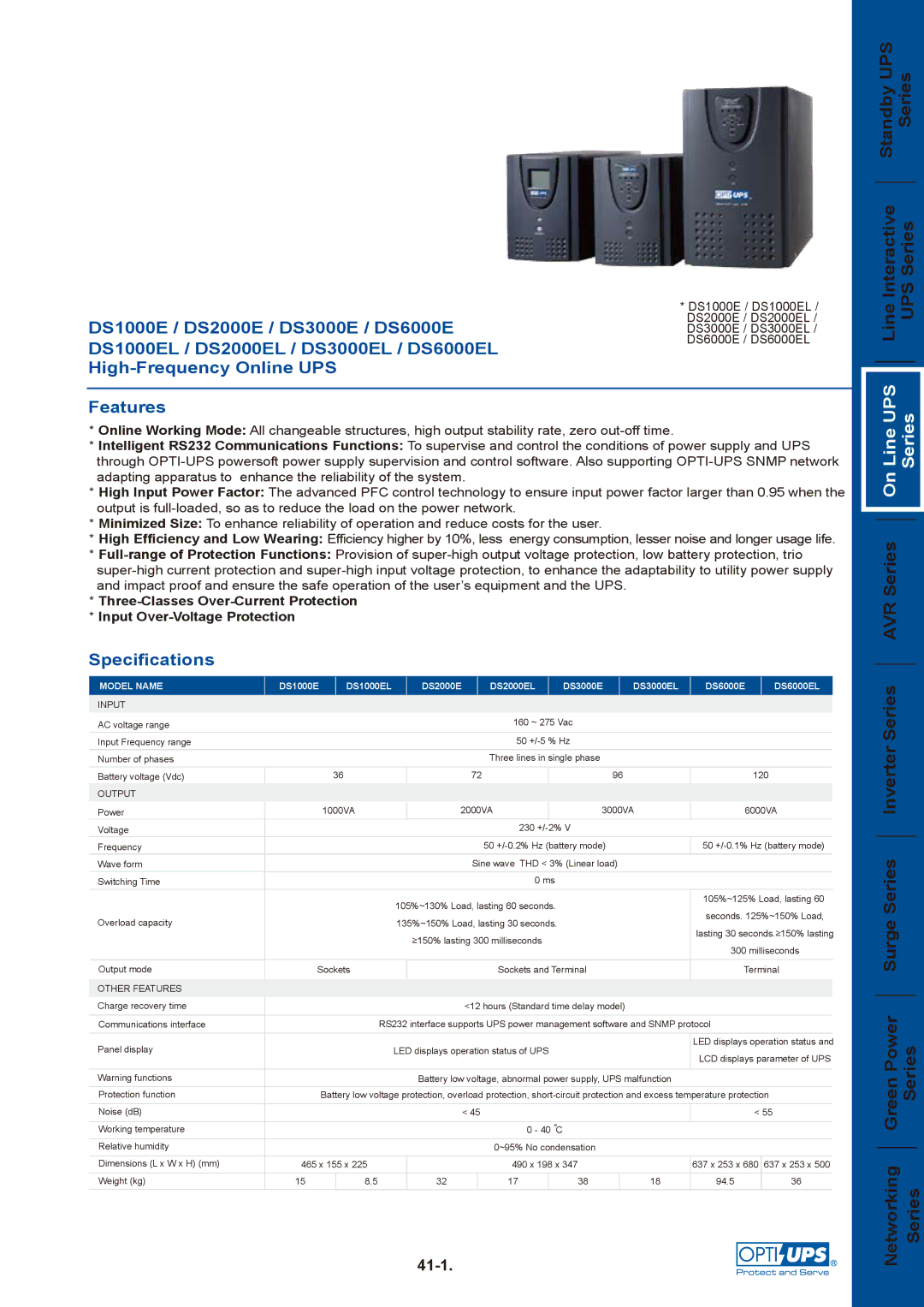 OPTI-UPS specifications DS1000E / DS2000E / DS3000E / DS6000E, DS1000EL / DS2000EL / DS3000EL / DS6000EL, Model Name 