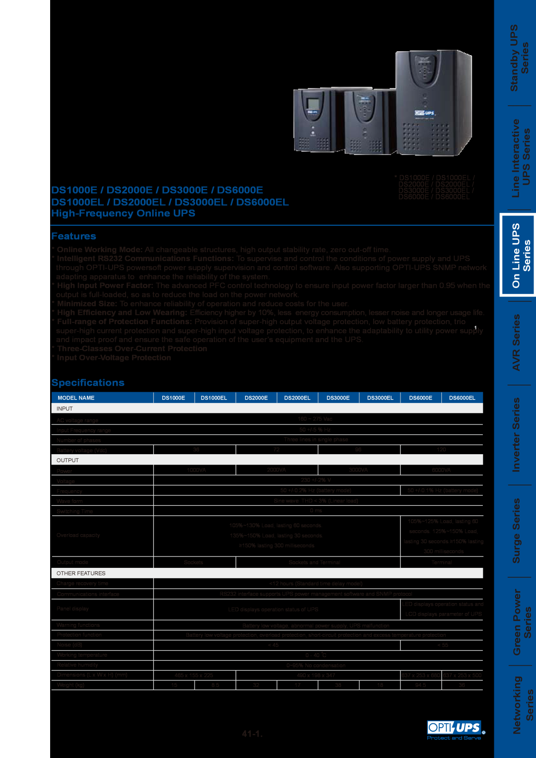 OPTI-UPS DS6000EL specifications UPS Series Series, Line UPS Series, DS1000E / DS2000E / DS3000E / DS6000E, Features, 41-1 