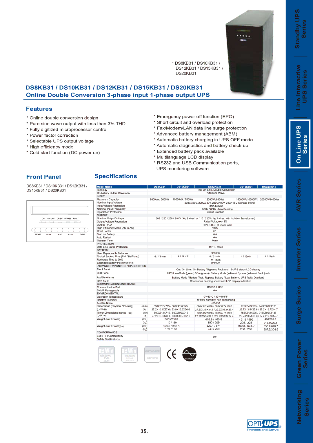 OPTI-UPS DS12KB31, DS8KB31, DS15KB31 specifications Line Interactive Standby UPS UPS Series Series, Line UPS Series 