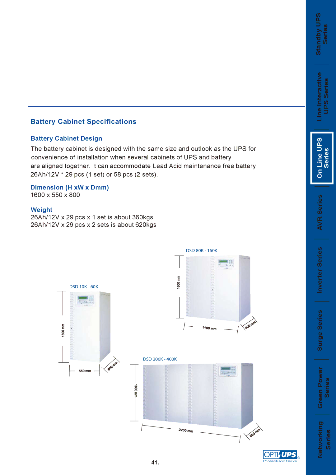 OPTI-UPS DSD31 / DSD33 manual Battery Cabinet Specifications 