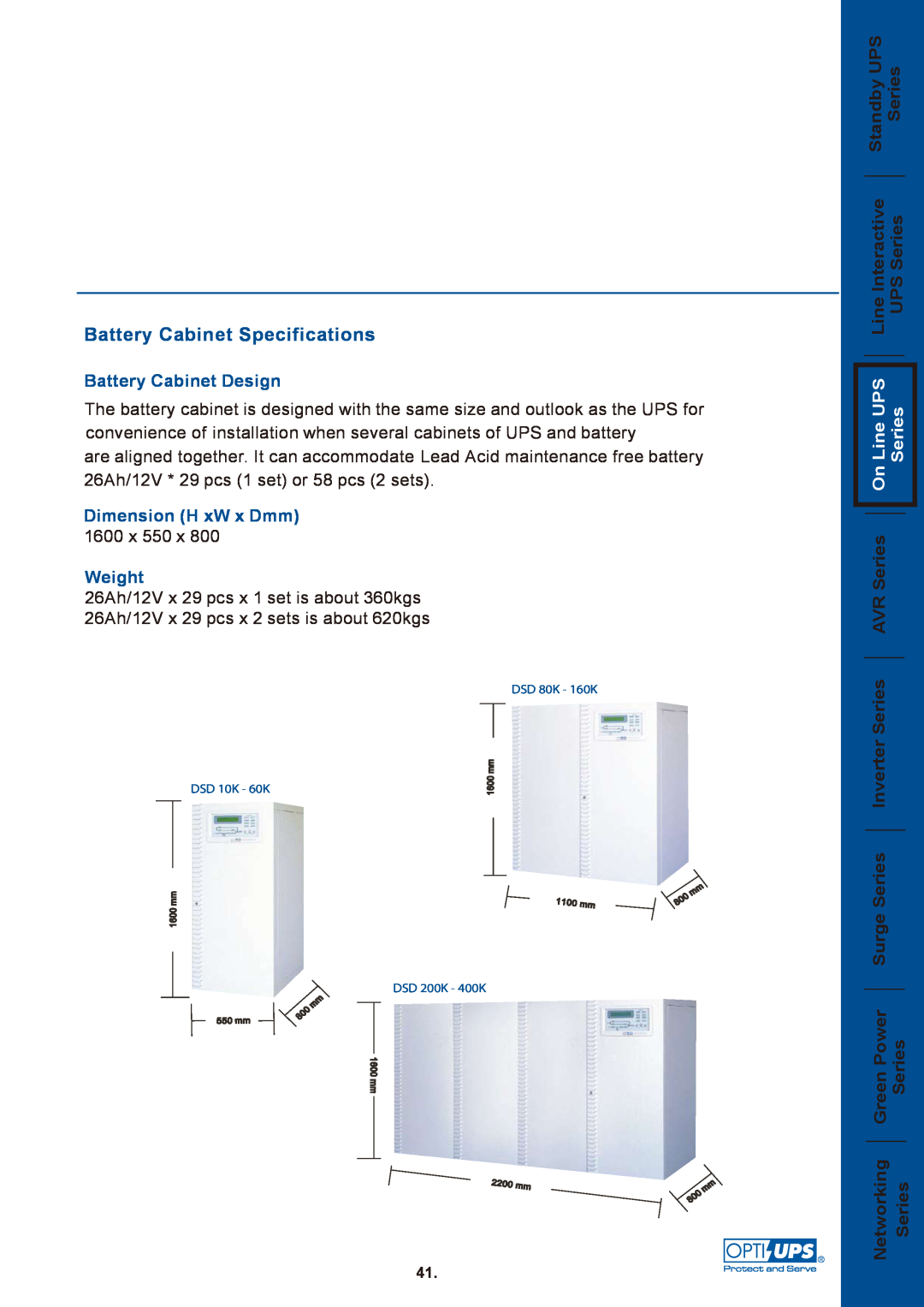 OPTI-UPS DSD31 / DSD33 Battery Cabinet Specifications, UPS Series Series, Line UPS Series, Battery Cabinet Design, Weight 