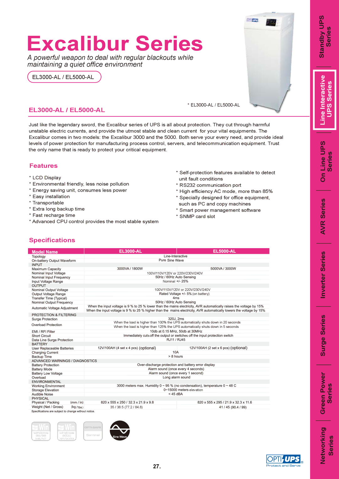 OPTI-UPS specifications Excalibur Series, Standby UPS Series, EL3000-AL / EL5000-AL, Features, Specifications 