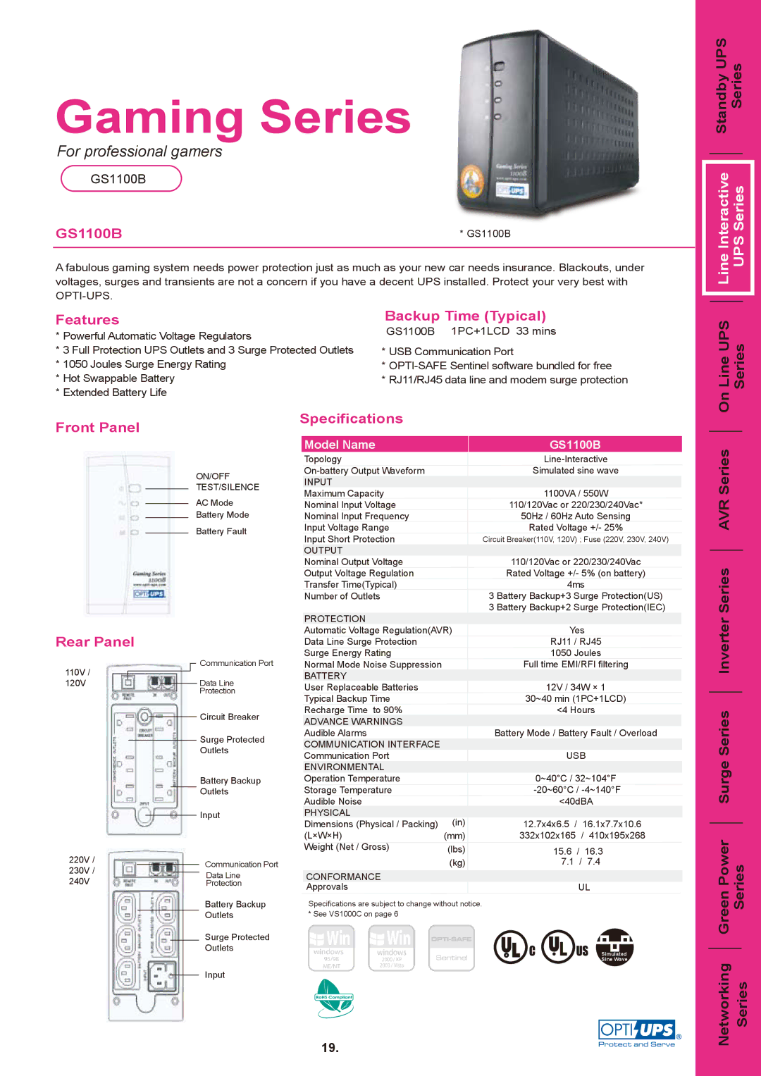 OPTI-UPS GS1100B specifications Features Backup Time Typical, Front Panel Rear Panel, Specifications 