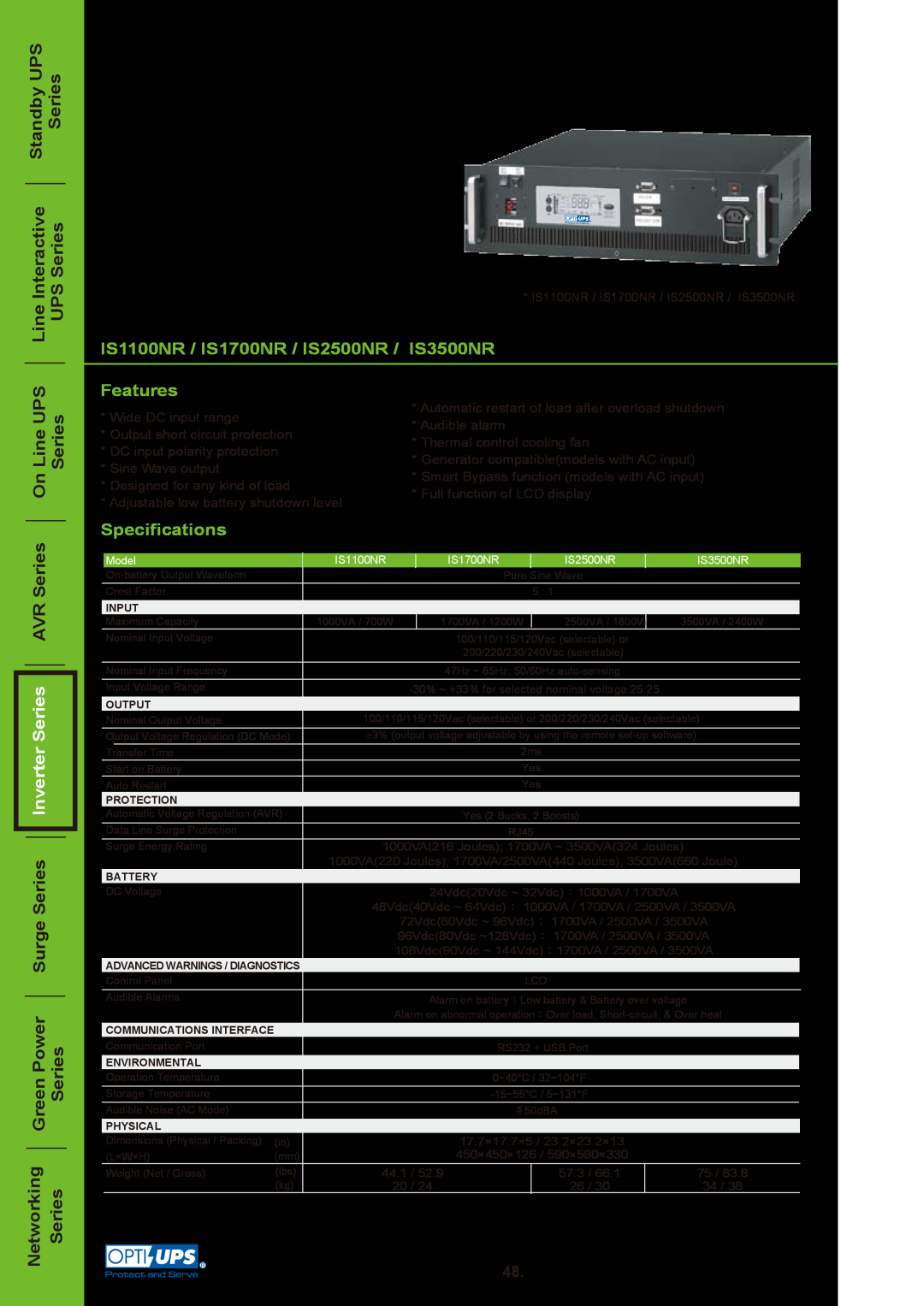 OPTI-UPS IS1100NR specifications Line Interactive Standby UPS UPS Series Series, On Line UPS Series, AVR Series, Features 
