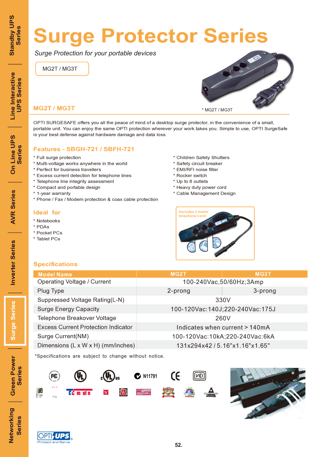 OPTI-UPS MG2T / MG3T specifications Surge Protector Series, Surge Protection for your portable devices, Surge Series 