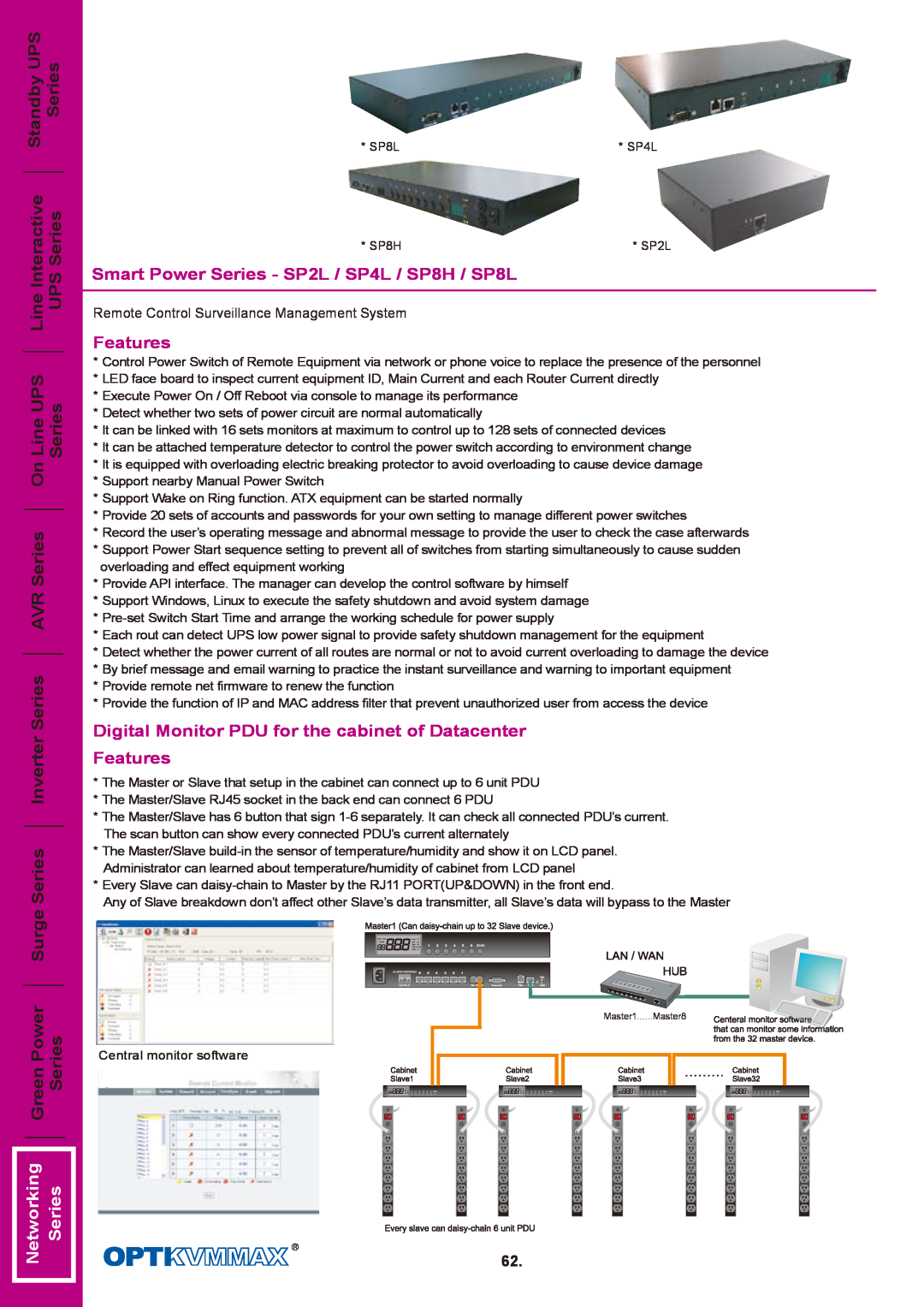 OPTI-UPS manual Networking, Smart Power Series - SP2L / SP4L / SP8H / SP8L, Features 