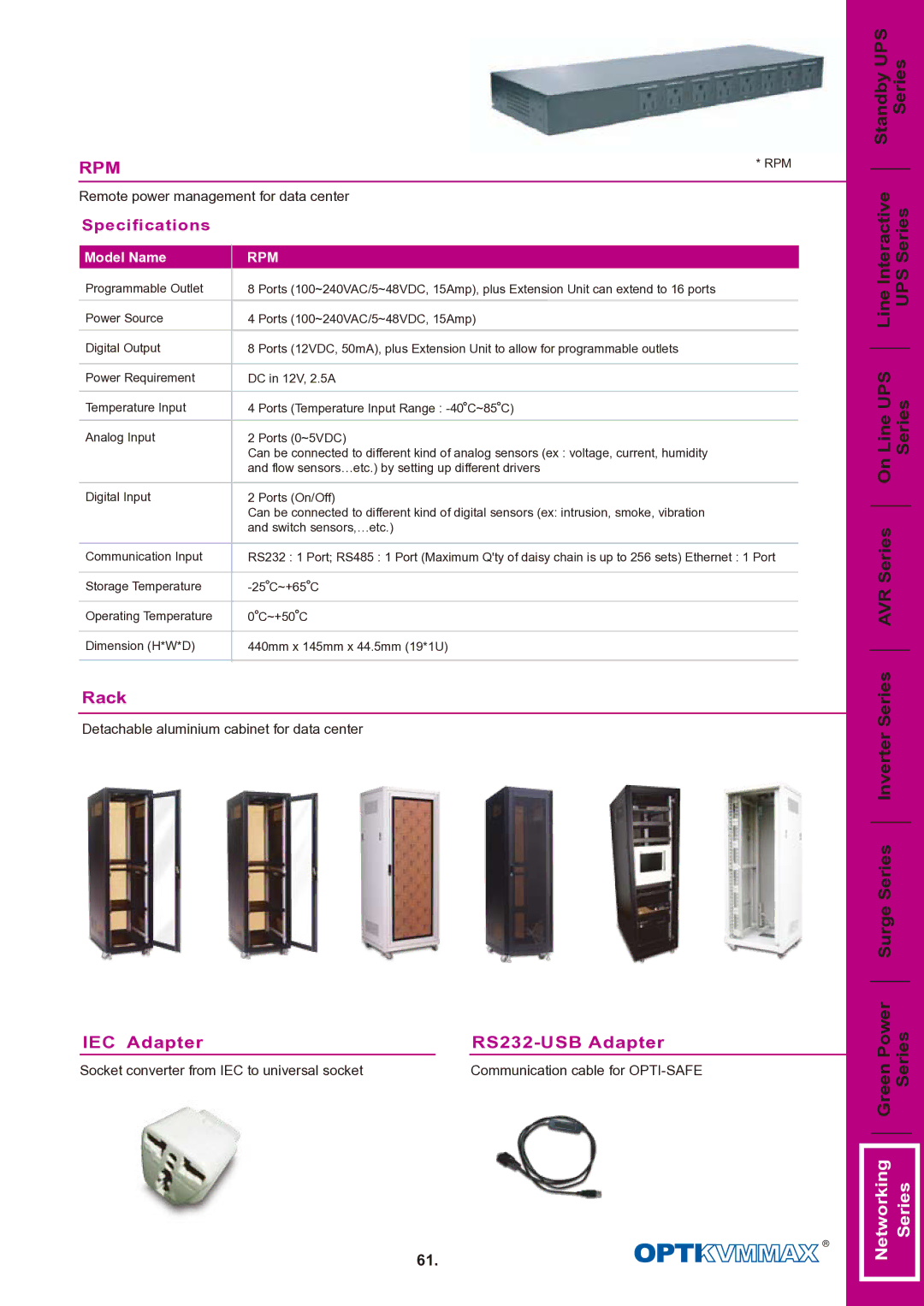 OPTI-UPS Standby UPS System specifications SeriesSeries UPS Series Series, Rpm, Specifications 