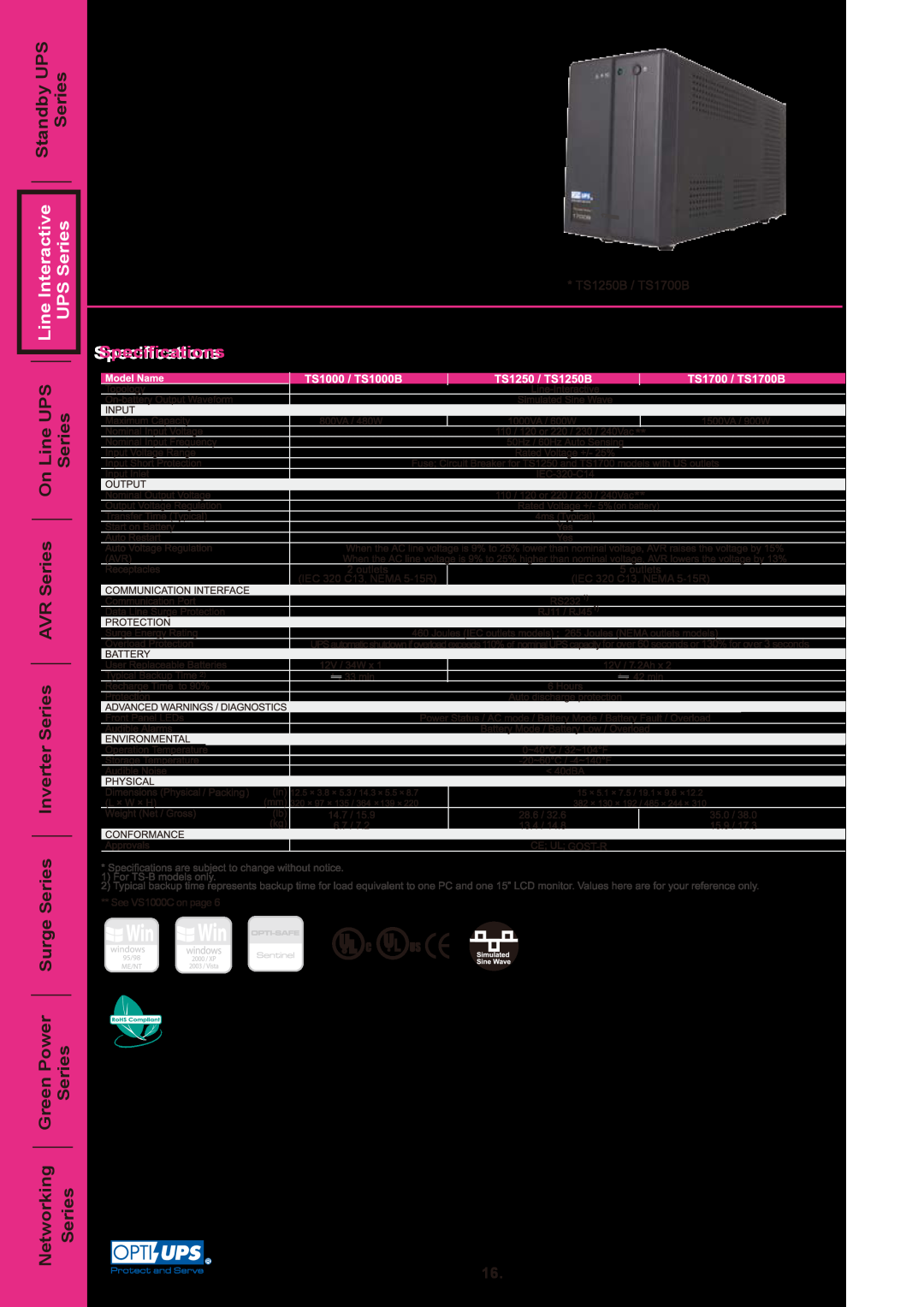 OPTI-UPS TS500, TS800C Series SeriesSeries, Specifications, Line Interactive UPS Series, outlets, IEC 320 C13, NEMA 5-15R 