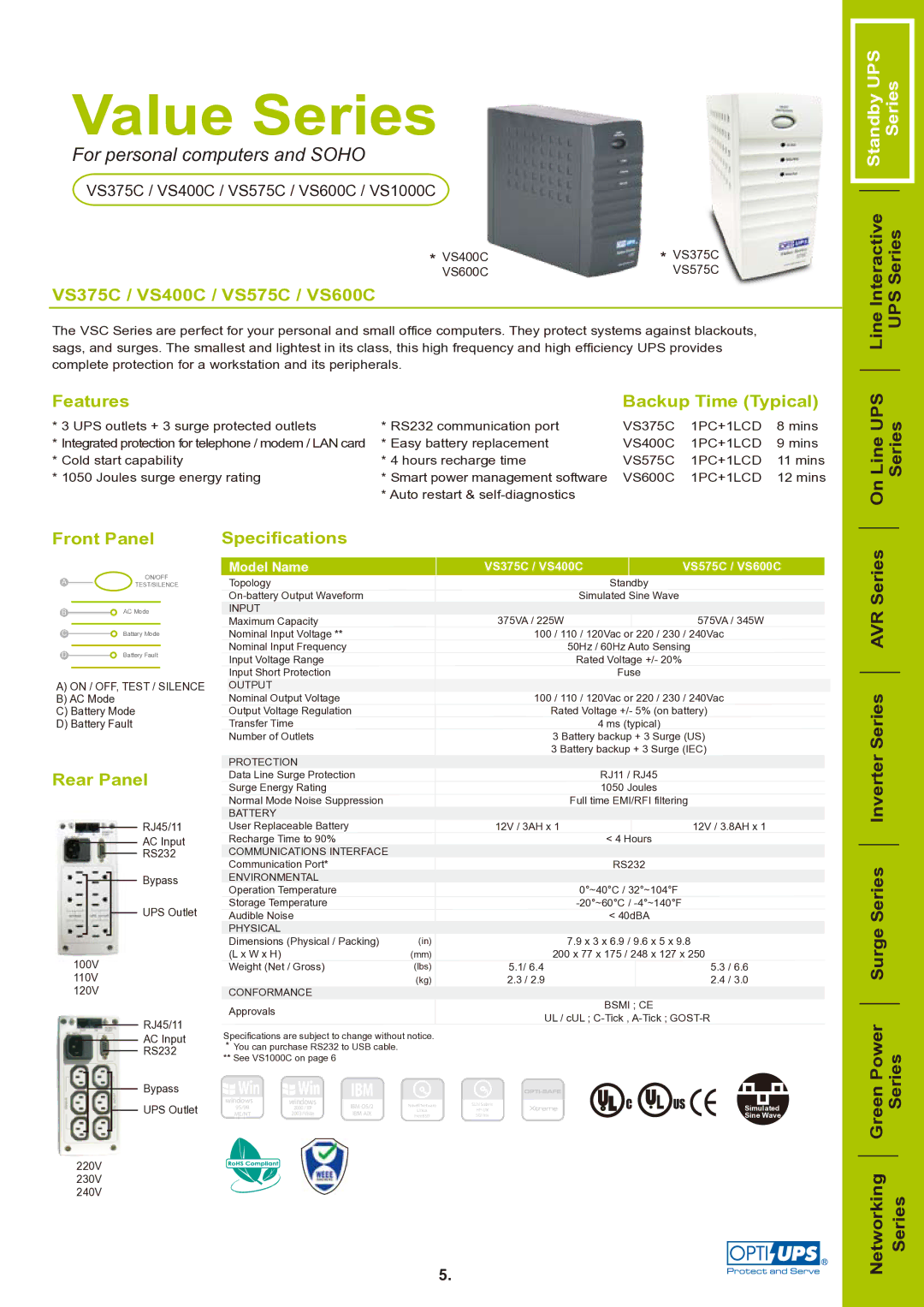 OPTI-UPS specifications VS375C / VS400C / VS575C / VS600C, Features Backup Time Typical, Front Panel, Rear Panel 