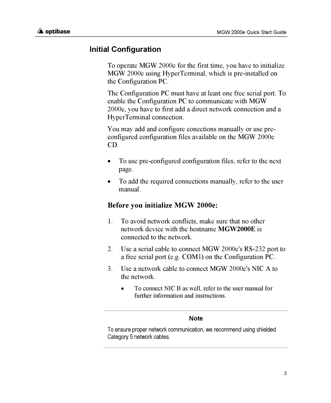 Optibase quick start Initial Configuration, Before you initialize MGW 2000e 