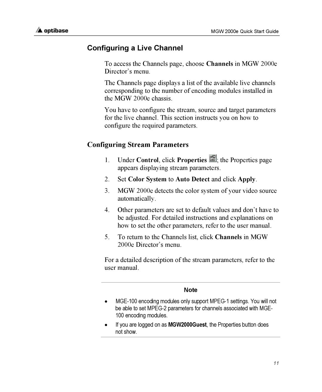 Optibase MGW 2000e quick start Configuring a Live Channel, Configuring Stream Parameters 