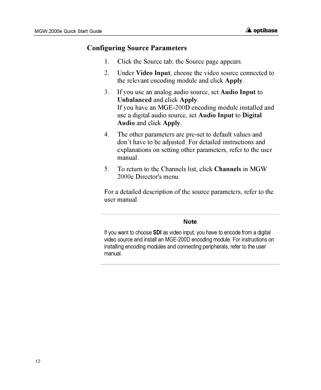 Optibase MGW 2000e quick start Configuring Source Parameters 