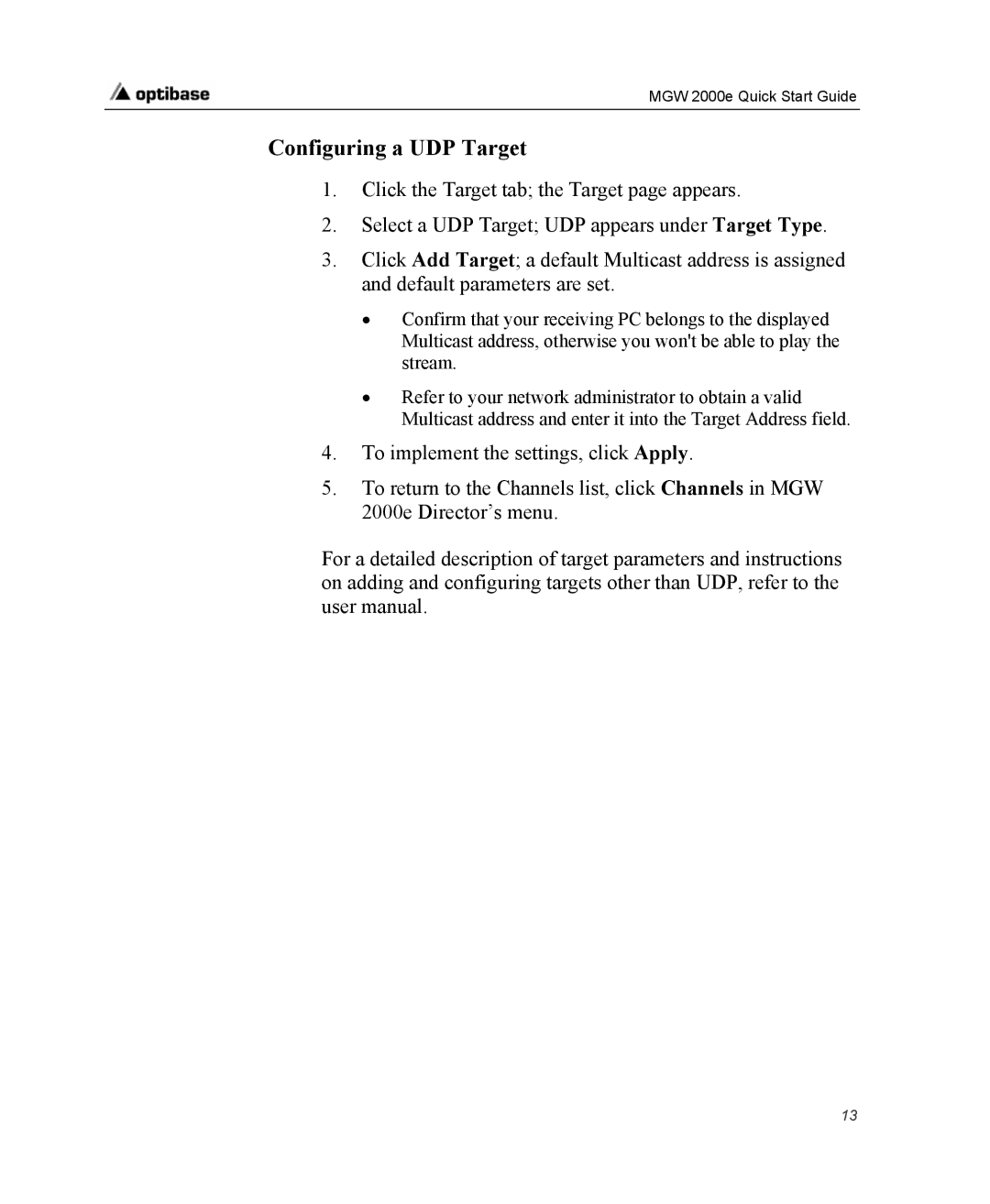 Optibase MGW 2000e quick start Configuring a UDP Target 