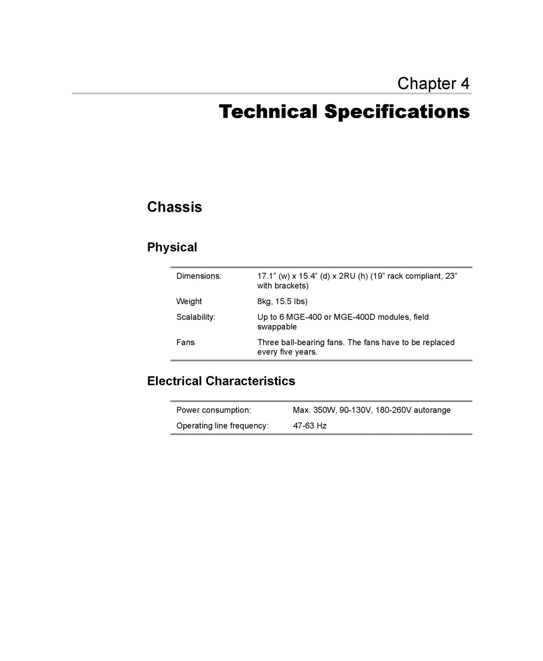 Optibase MGW 2400 WMT user manual Chassis, Physical, Electrical Characteristics 