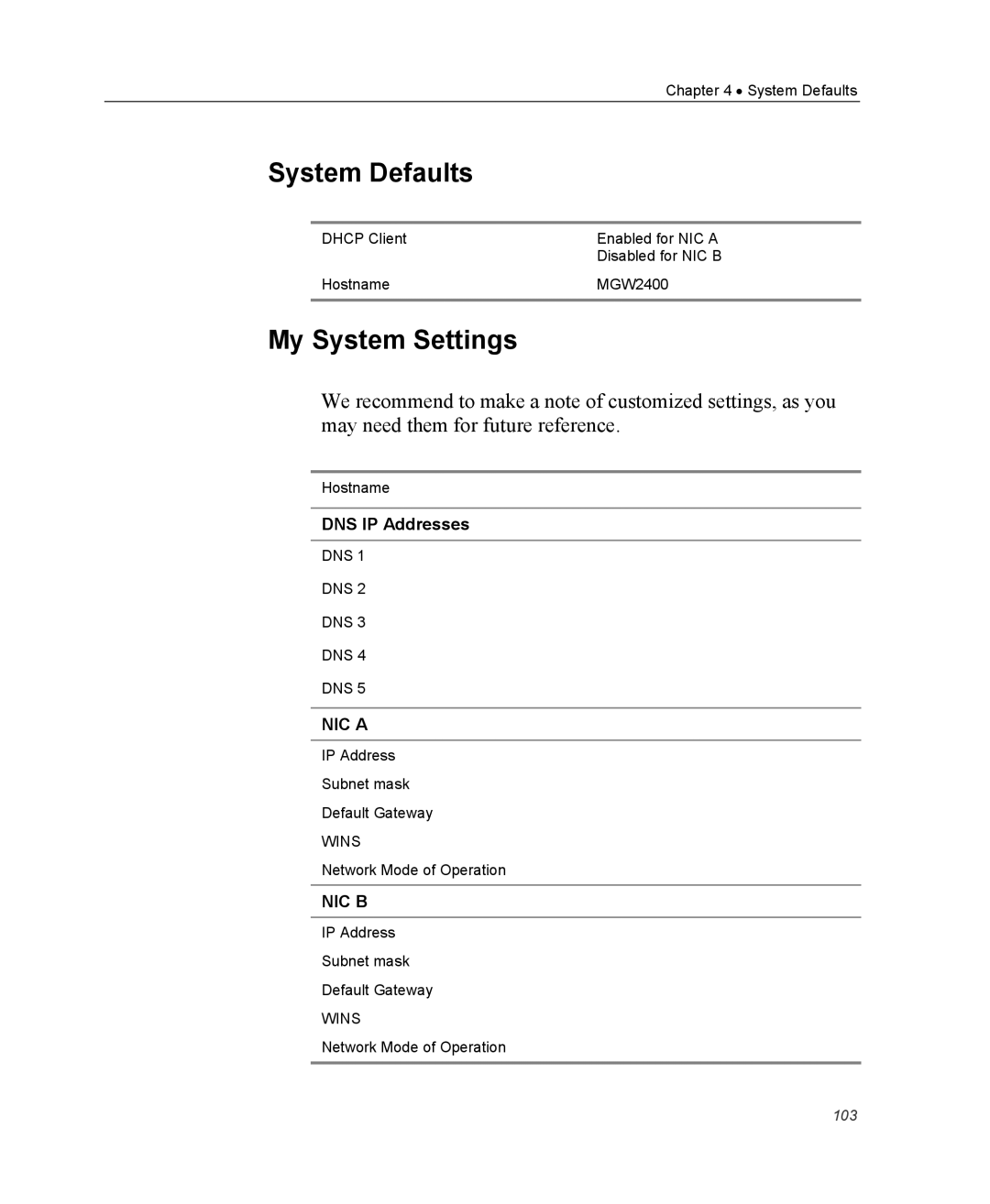 Optibase MGW 2400 WMT user manual System Defaults, My System Settings, DNS IP Addresses 