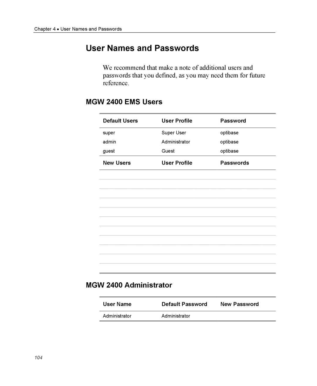 Optibase MGW 2400 WMT user manual User Names and Passwords, MGW 2400 EMS Users, MGW 2400 Administrator 