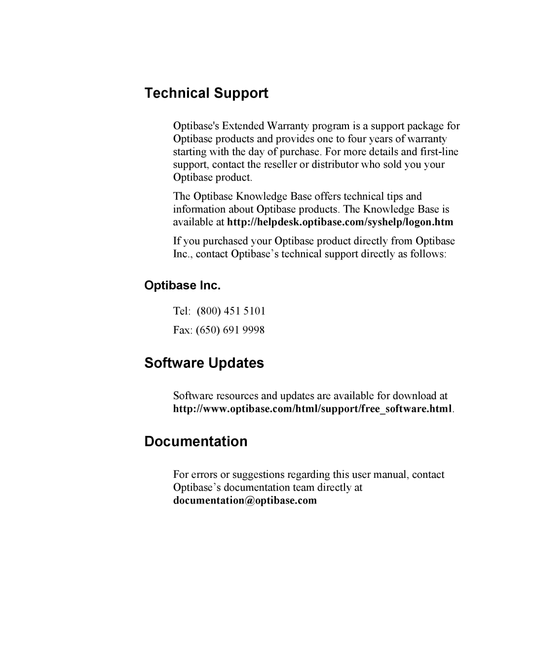 Optibase MGW 2400 WMT user manual Technical Support, Software Updates Documentation, Optibase Inc 