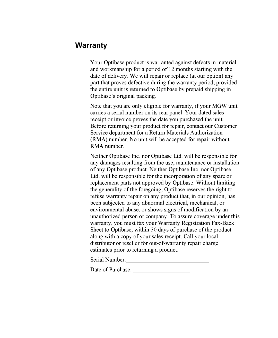 Optibase MGW 2400 WMT user manual Warranty 