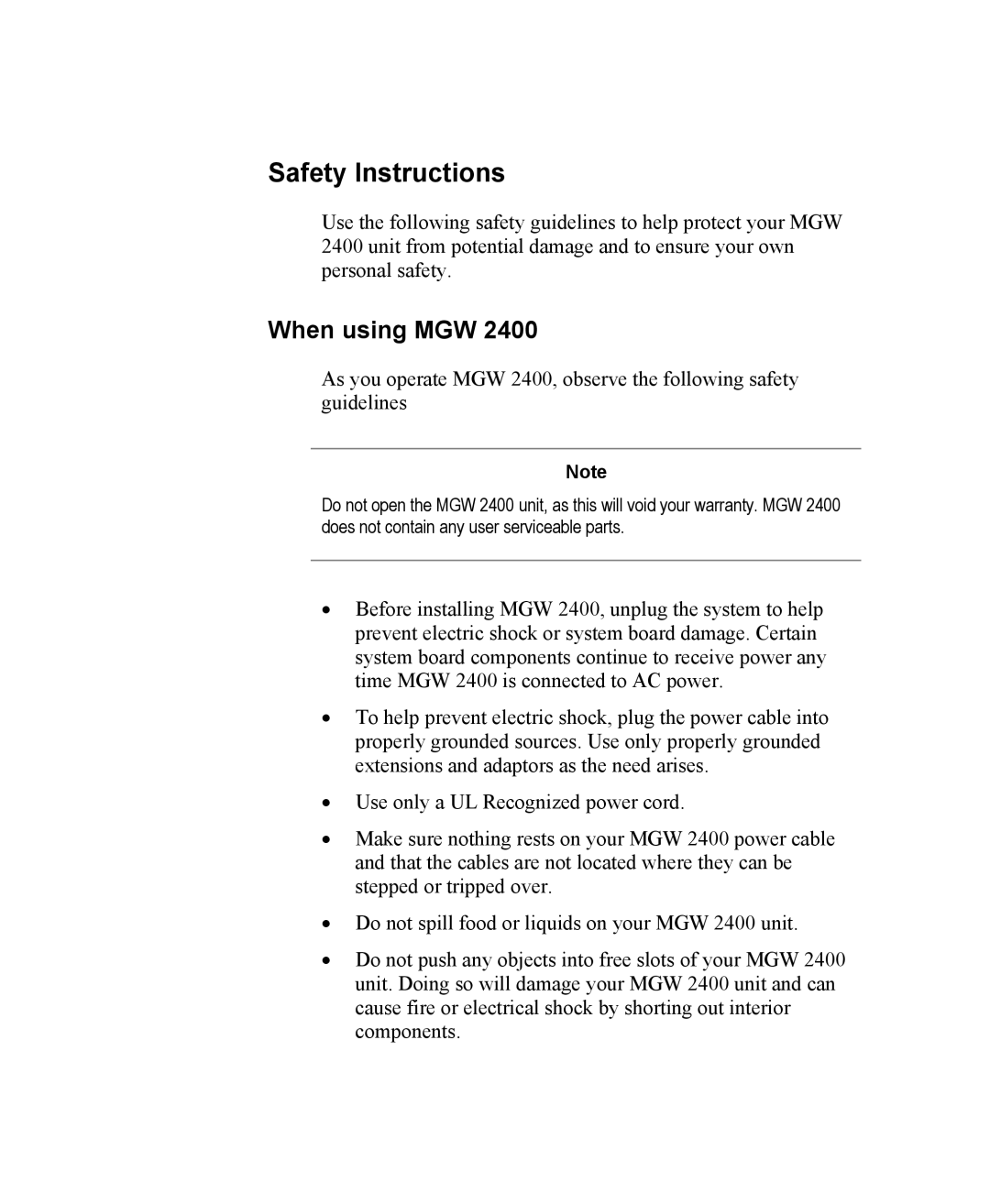 Optibase MGW 2400 WMT user manual Safety Instructions, When using MGW 