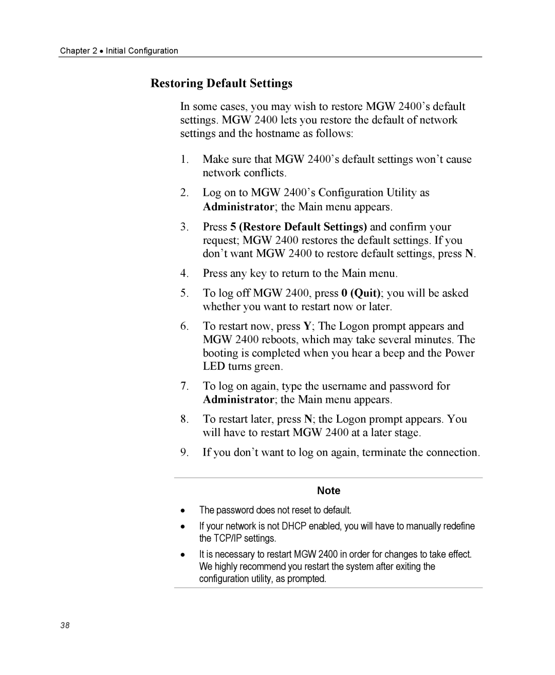 Optibase MGW 2400 WMT user manual Restoring Default Settings 