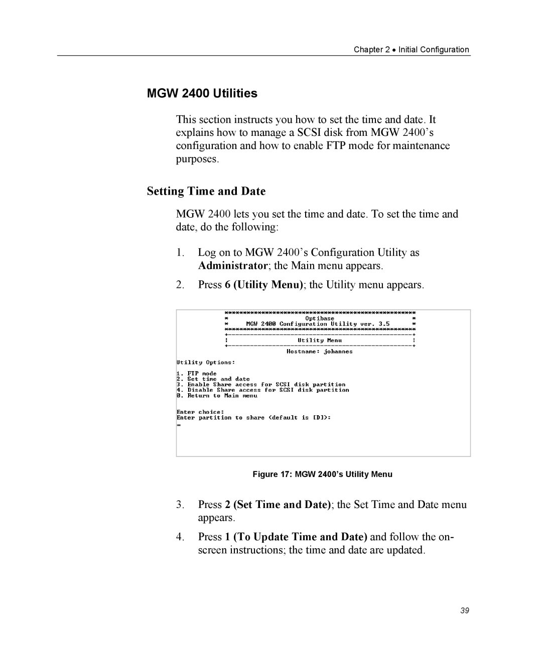 Optibase MGW 2400 WMT user manual MGW 2400 Utilities, Setting Time and Date 