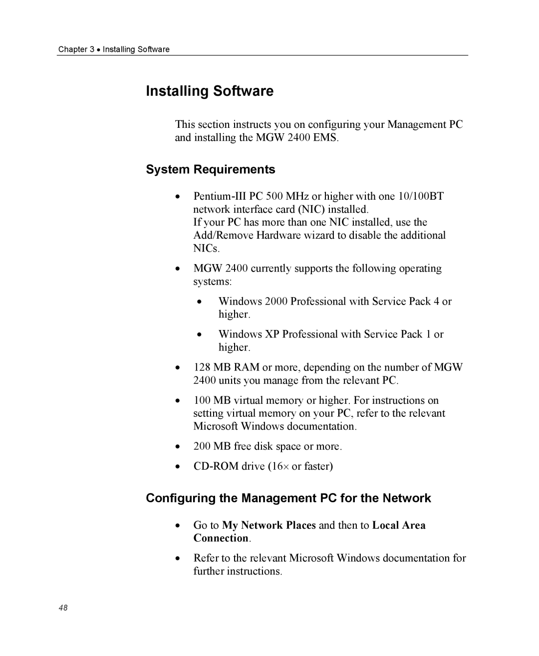 Optibase MGW 2400 WMT user manual Installing Software, System Requirements, Configuring the Management PC for the Network 