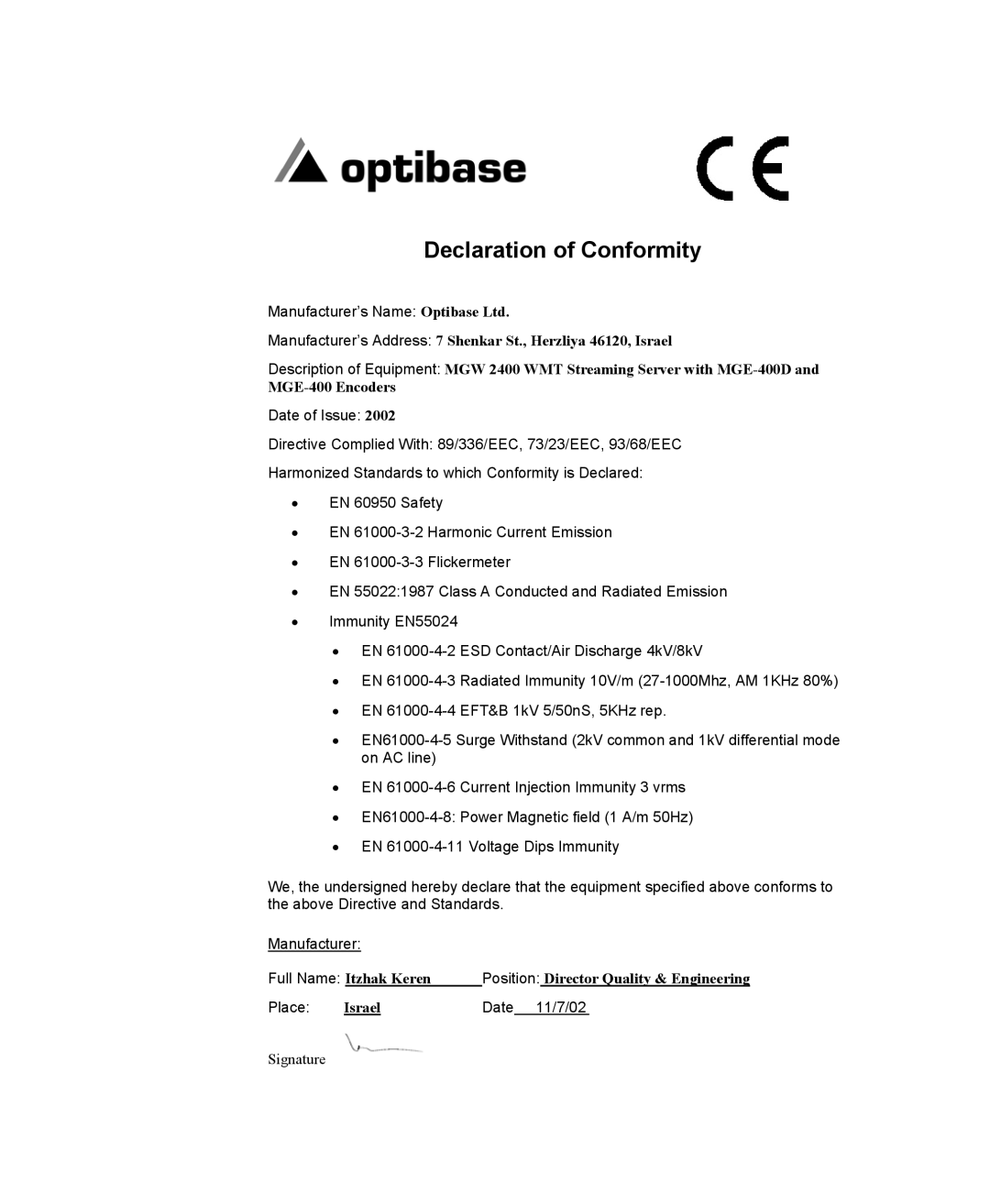 Optibase MGW 2400 WMT user manual Declaration of Conformity 