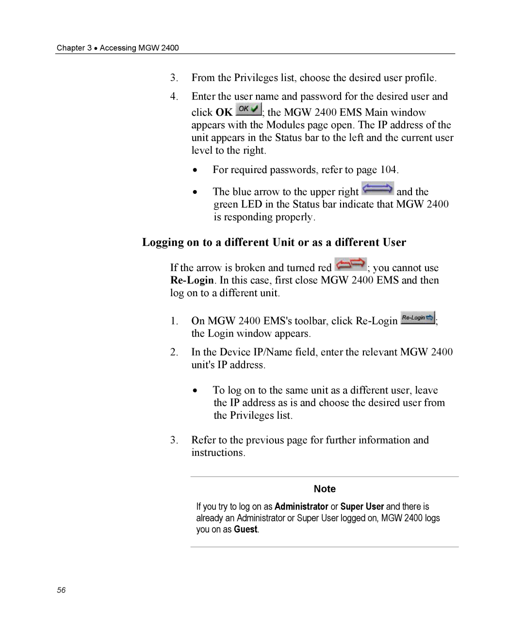 Optibase MGW 2400 WMT user manual Logging on to a different Unit or as a different User 