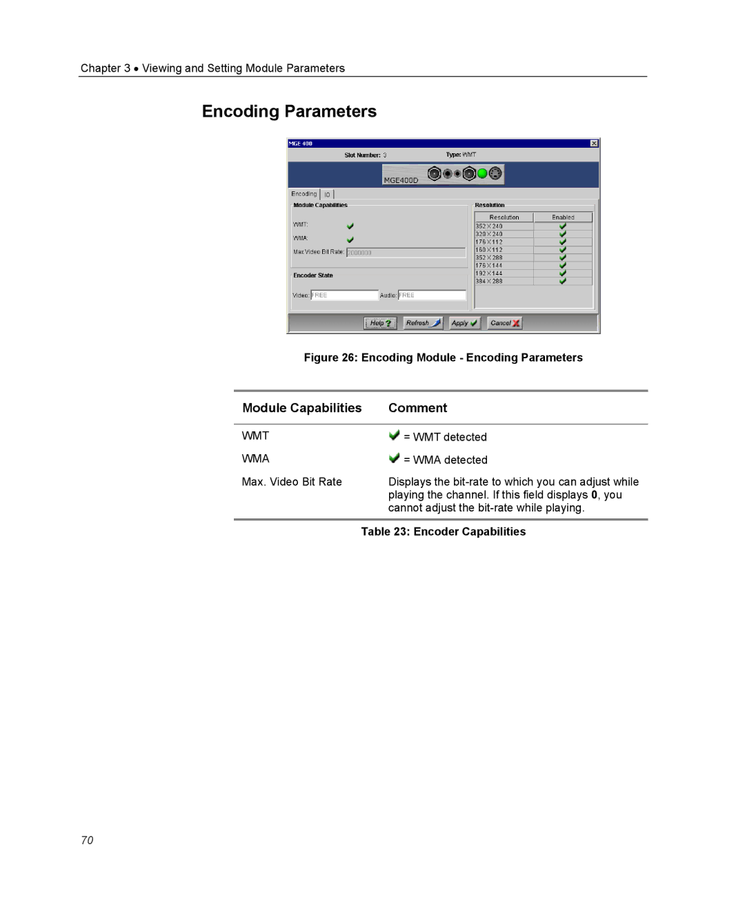 Optibase MGW 2400 WMT user manual Encoding Parameters, Module Capabilities Comment, Encoder Capabilities 