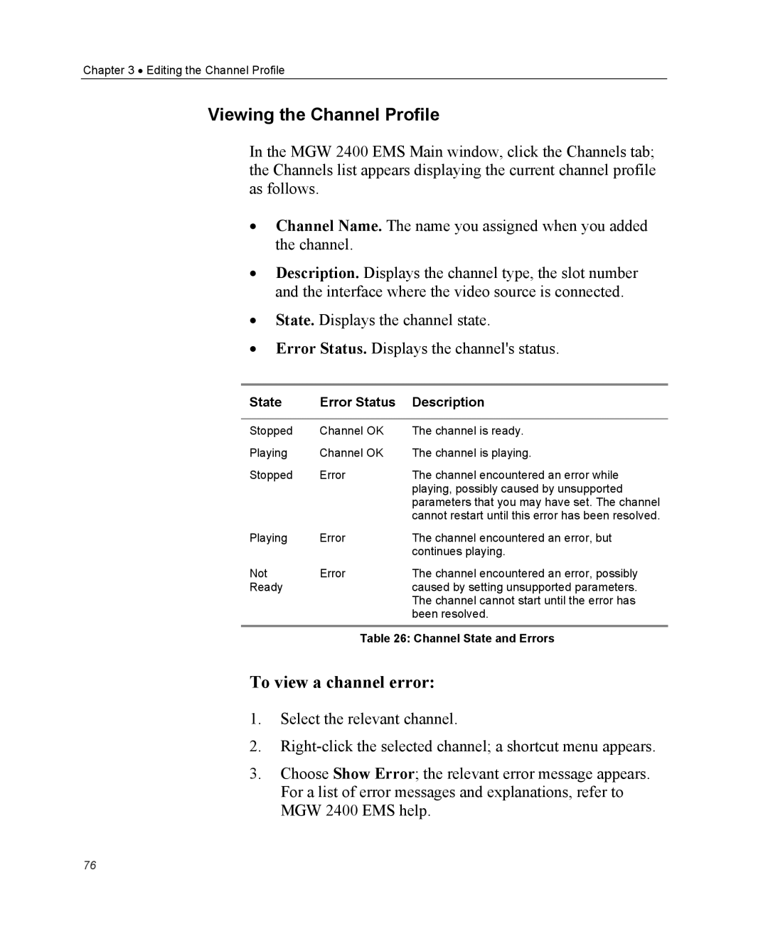 Optibase MGW 2400 WMT user manual Viewing the Channel Profile, To view a channel error, State Error Status Description 