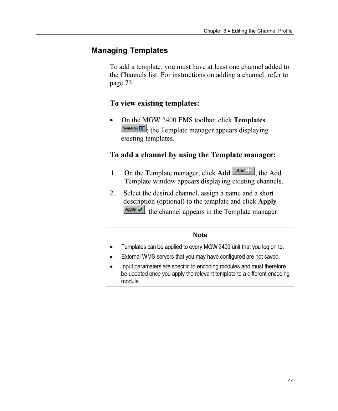 Optibase MGW 2400 WMT Managing Templates, To view existing templates, To add a channel by using the Template manager 