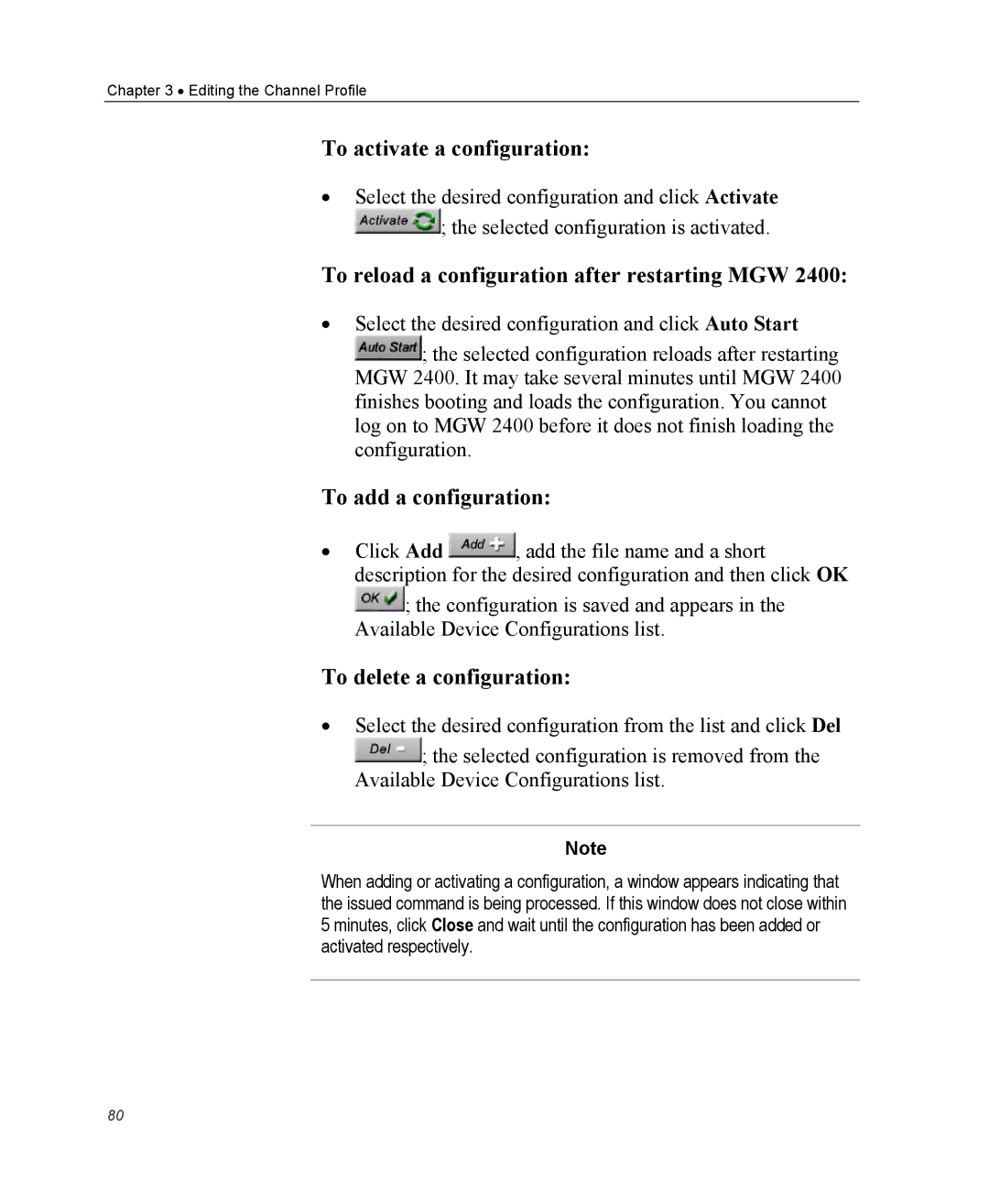 Optibase MGW 2400 WMT To activate a configuration, To reload a configuration after restarting MGW, To add a configuration 