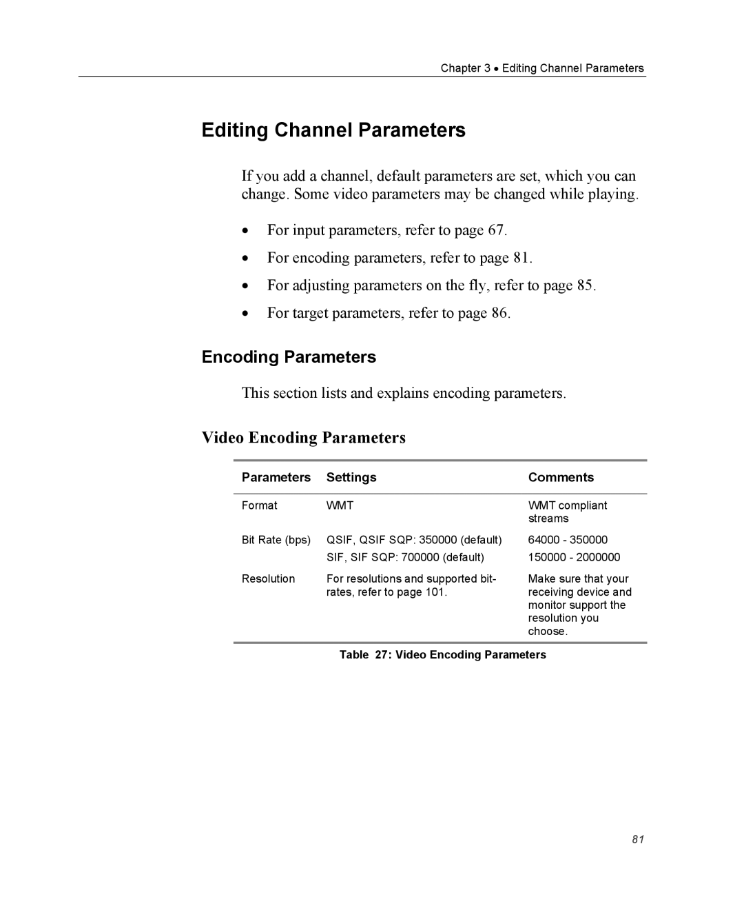 Optibase MGW 2400 WMT user manual Editing Channel Parameters, Video Encoding Parameters 