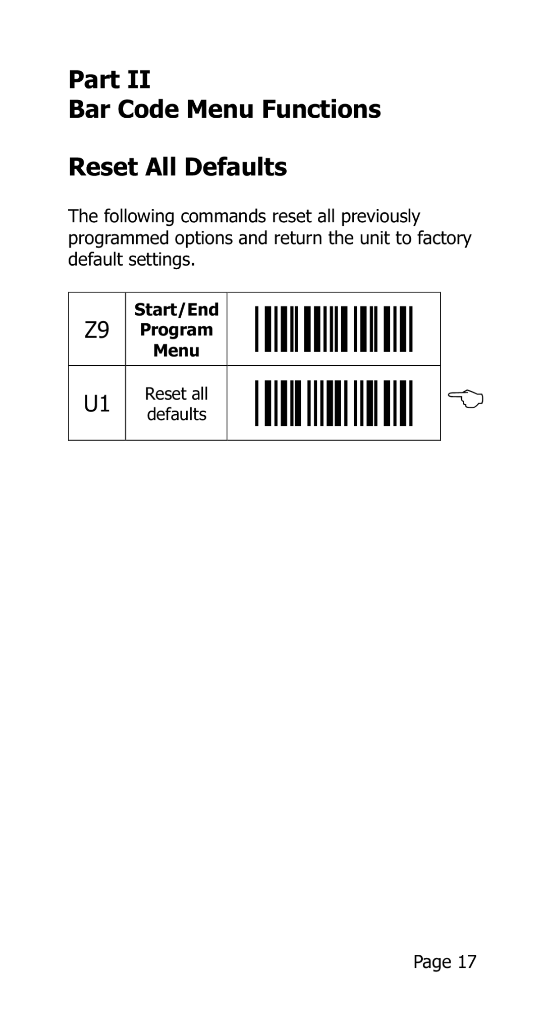 Opticon 25-WEDGE-04 manual Part Bar Code Menu Functions Reset All Defaults 